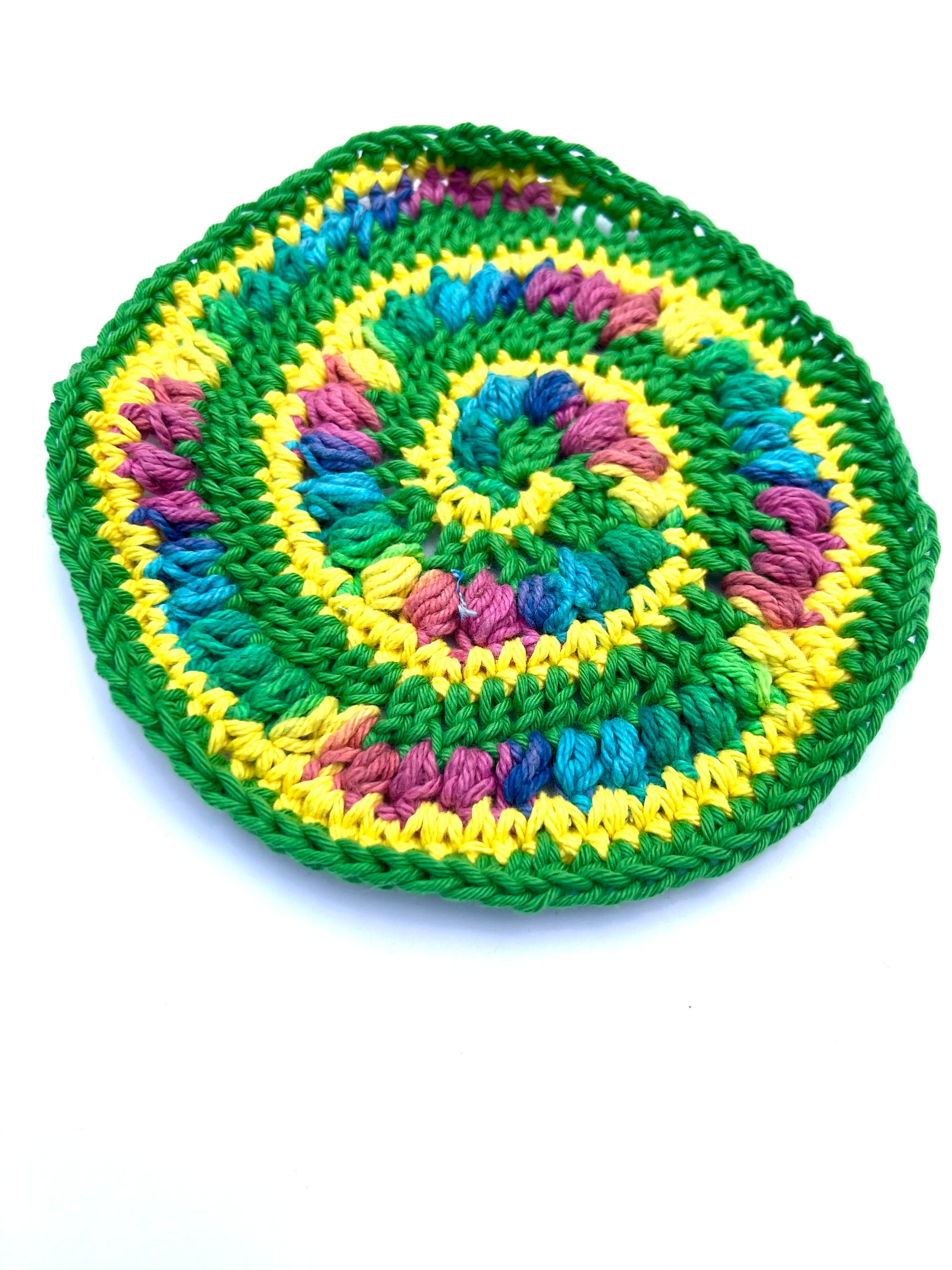 Crochet Square (round) Swirl Patch in Green, Yellow and Multi Color Accent