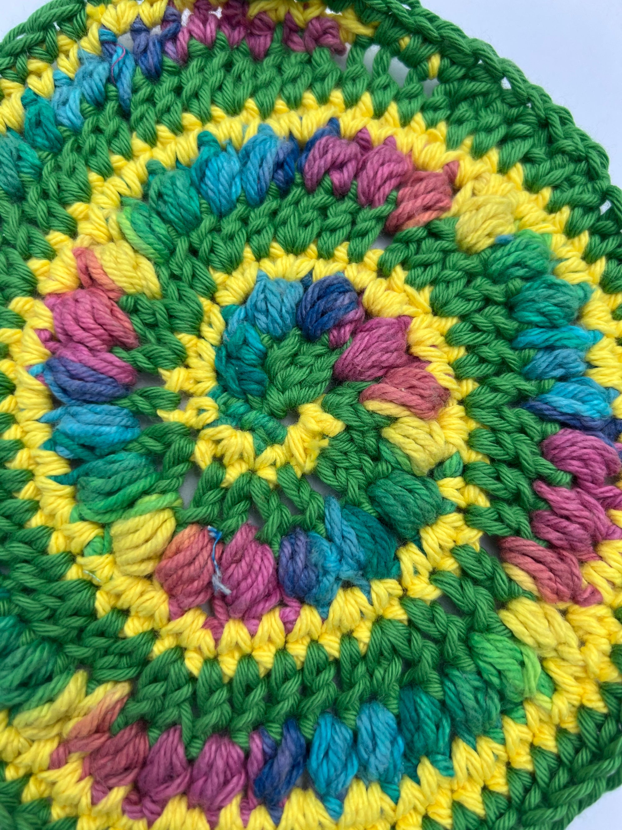 Crochet Square (round) Swirl Patch in Green, Yellow and Multi Color Accent