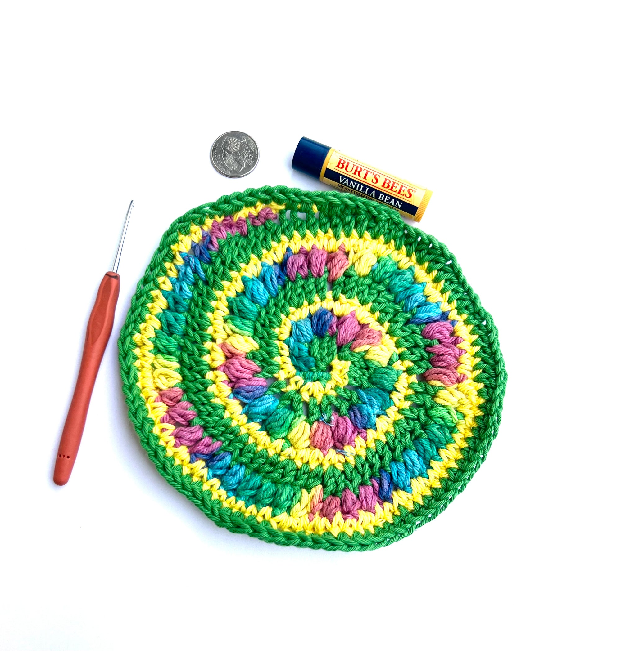 Crochet Square (round) Swirl Patch in Green, Yellow and Multi Color Accent