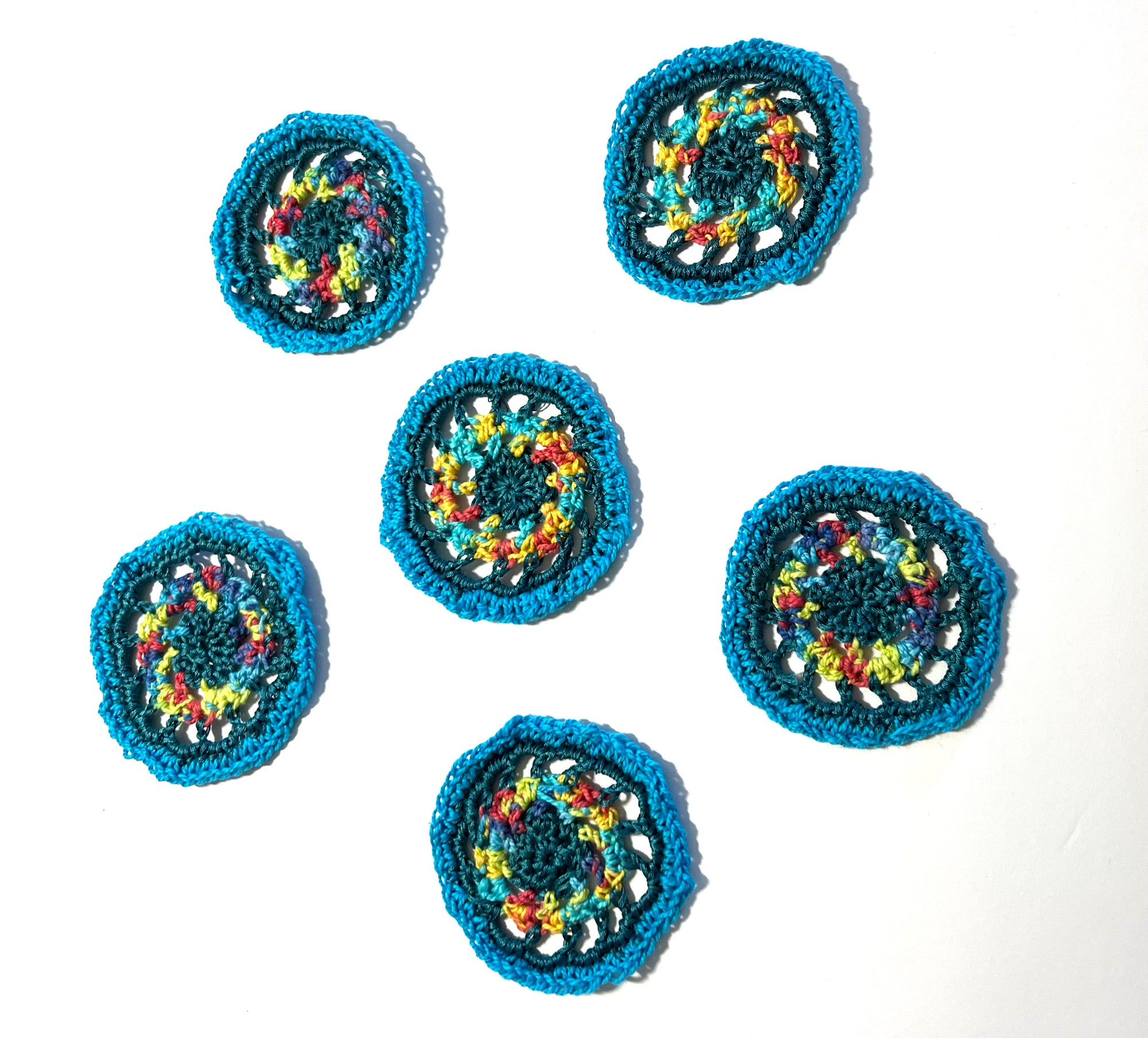 Crochet Squares (rounds) Pack of 6 - Embroidery Floss Blues with Lime and Pink Accent