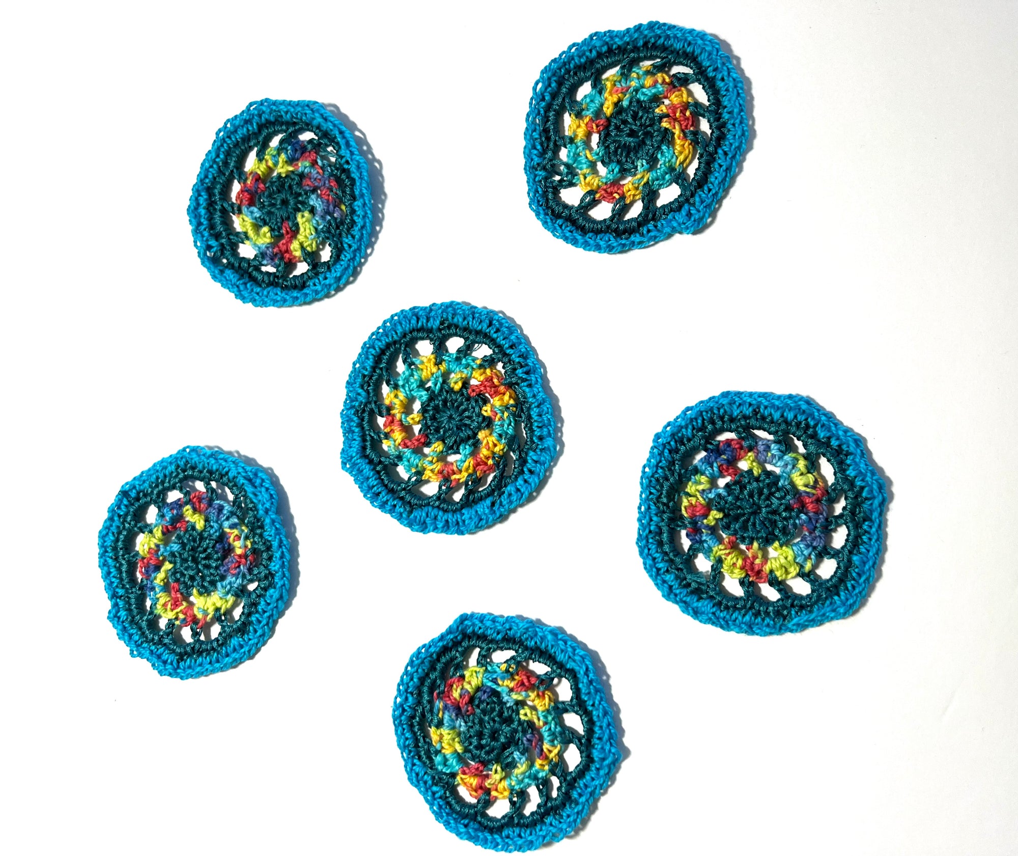 Crochet Squares (rounds) Pack of 6 - Embroidery Floss Blues with Lime and Pink Accent