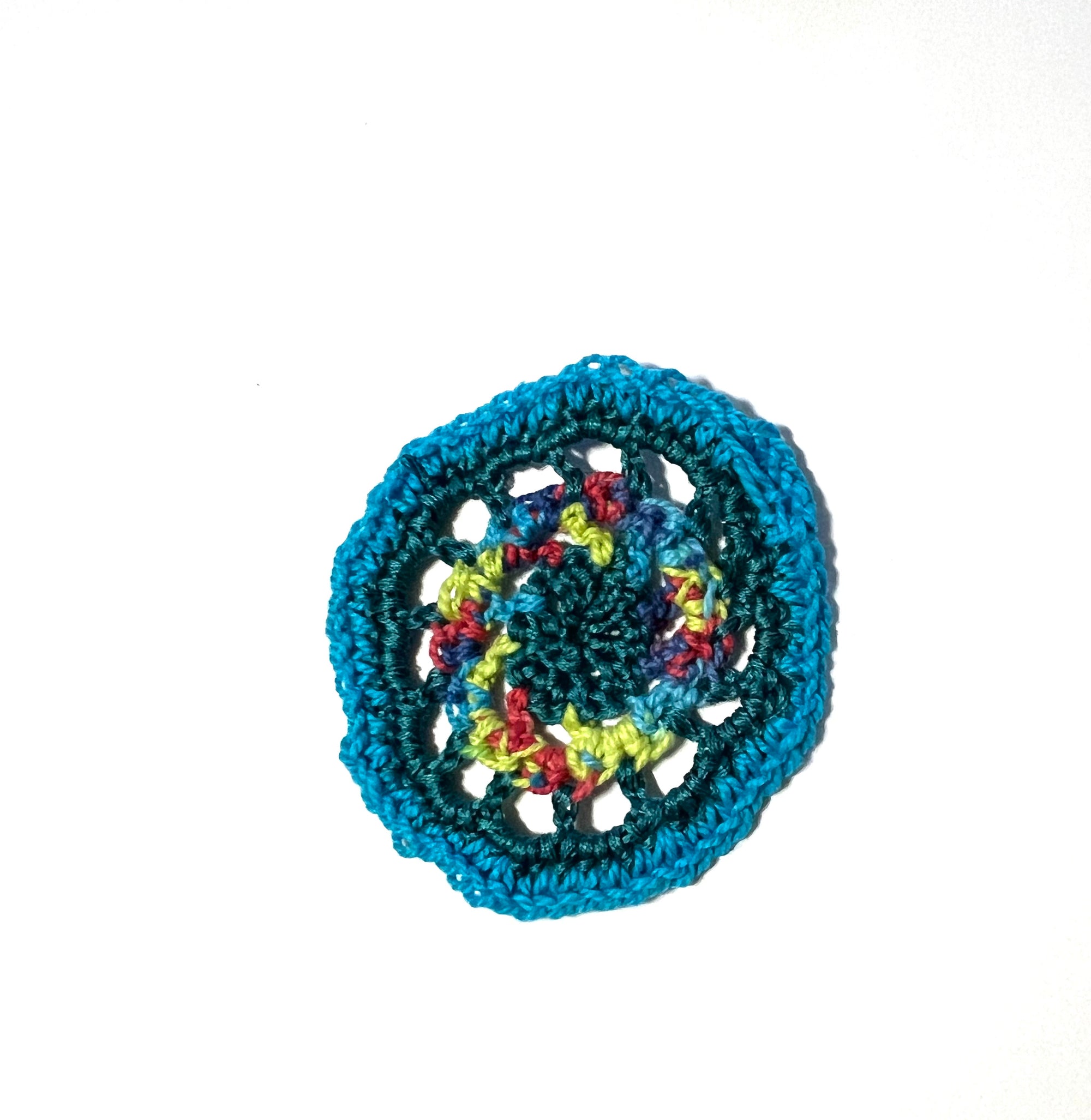 Crochet Squares (rounds) Pack of 6 - Embroidery Floss Blues with Lime and Pink Accent