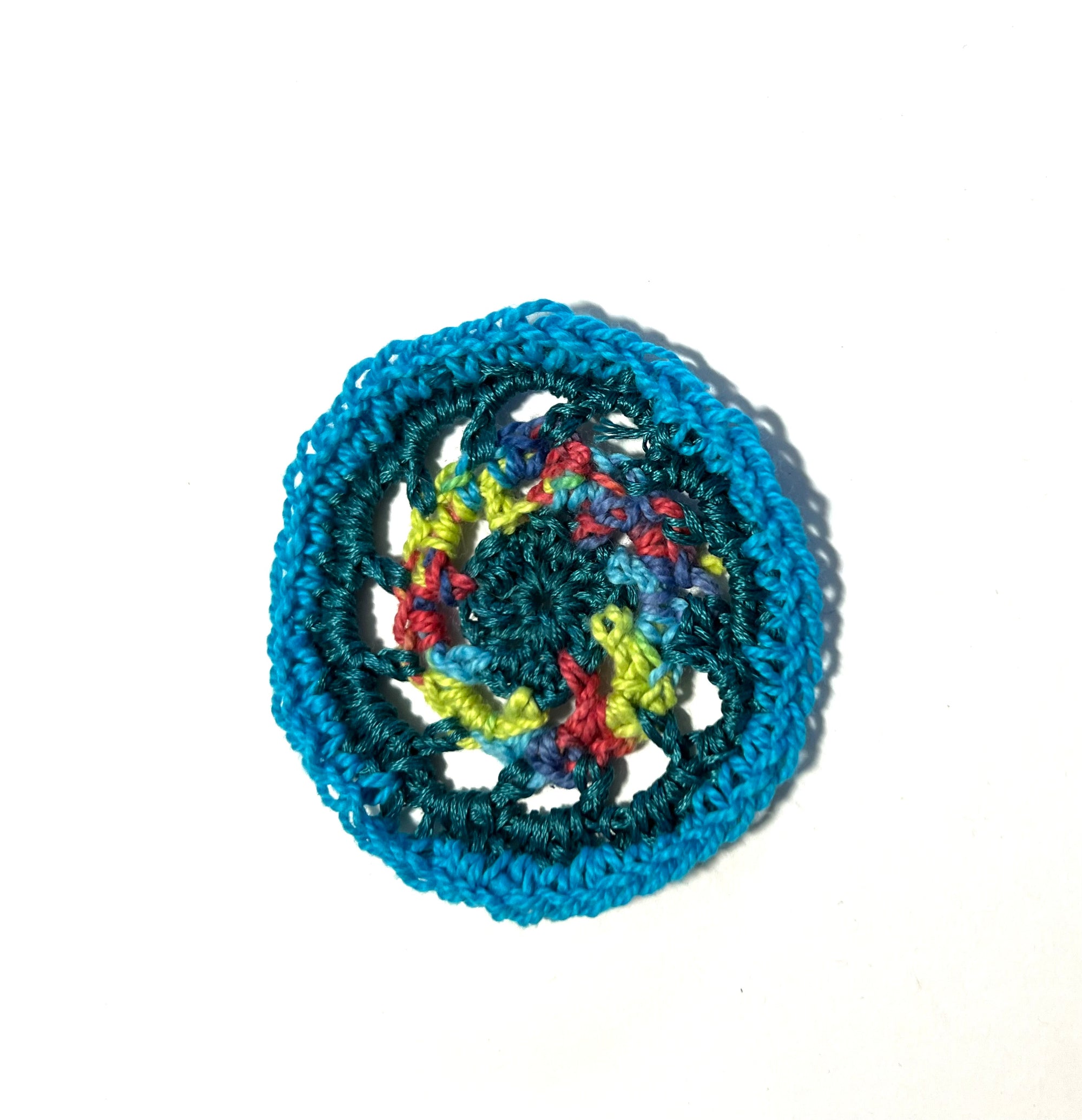 Crochet Squares (rounds) Pack of 6 - Embroidery Floss Blues with Lime and Pink Accent
