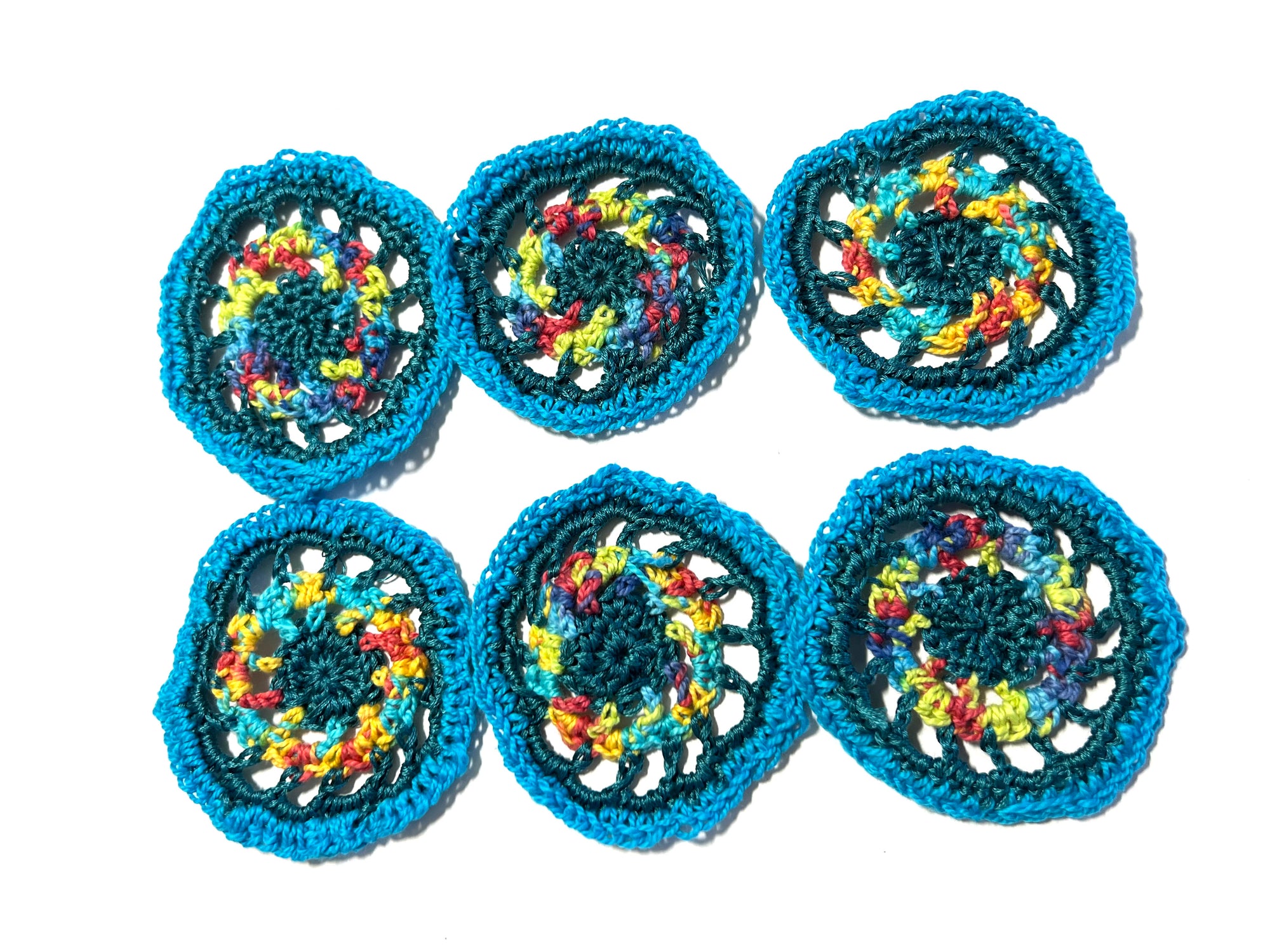 Crochet Squares (rounds) Pack of 6 - Embroidery Floss Blues with Lime and Pink Accent