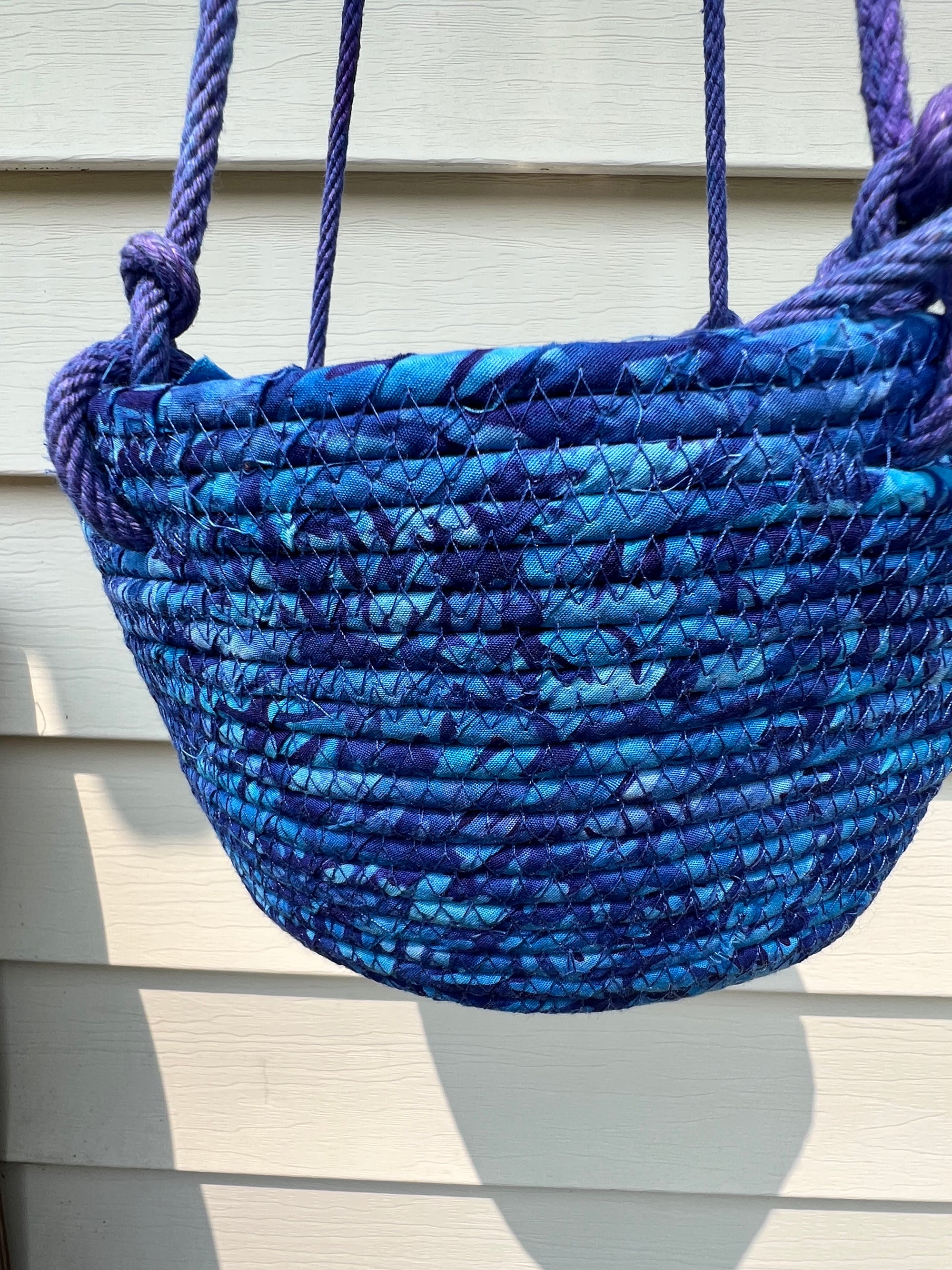 Coiled Rope Hanging Planter Blue Batik