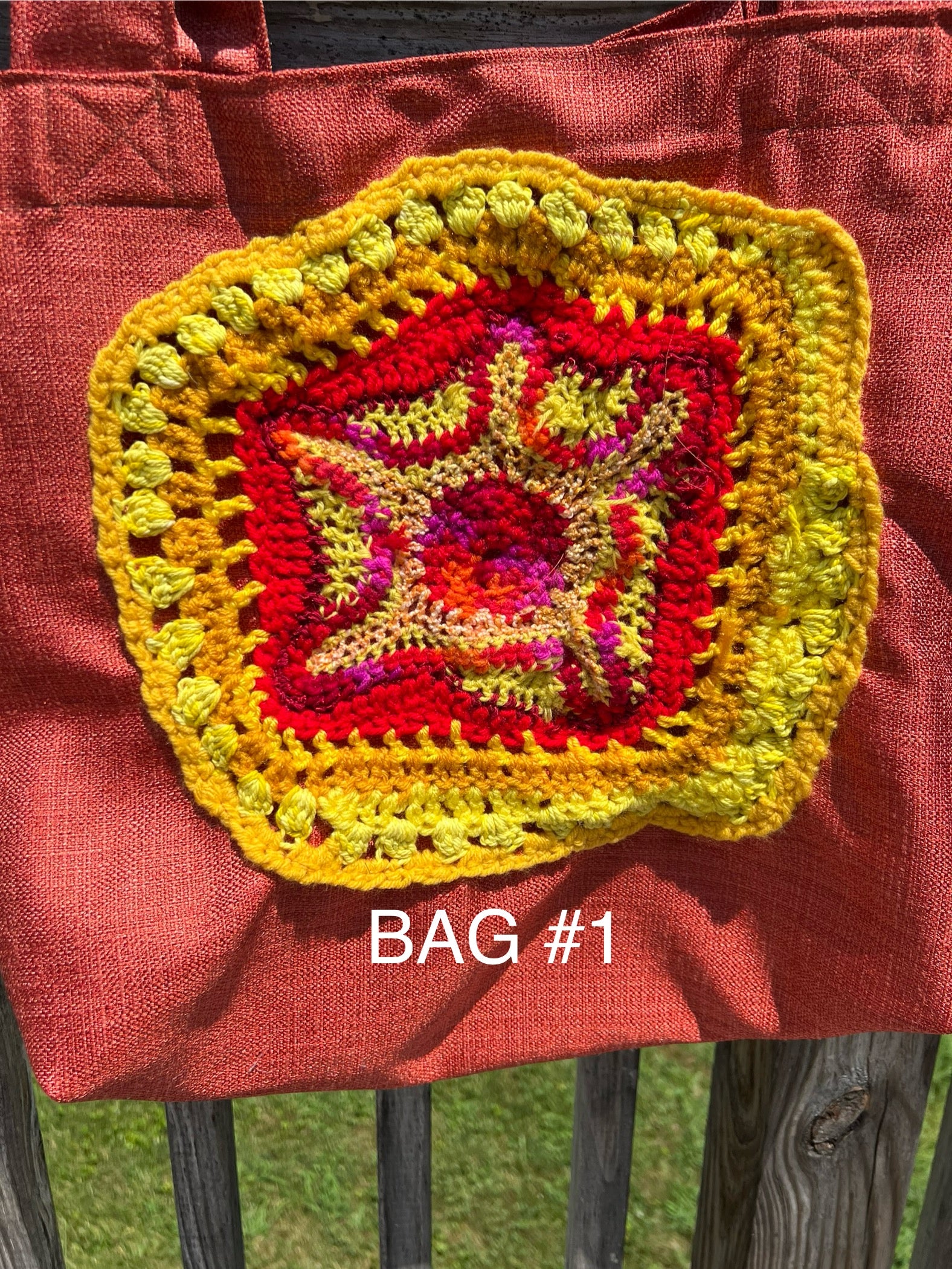 Tote Bag with Freeform Crochet in Yellow/Red
