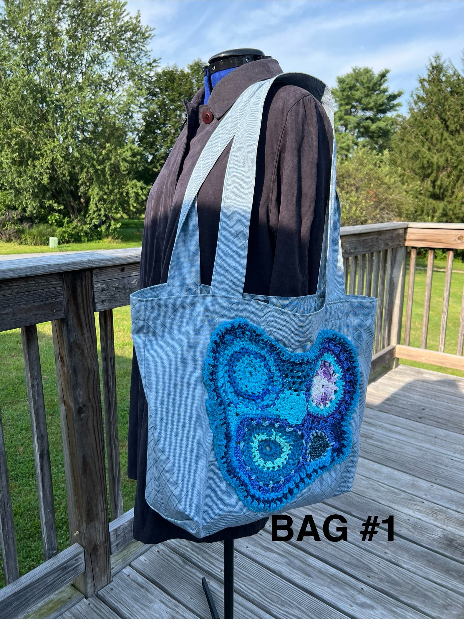 Tote Bag with Freeform Crochet in Blues