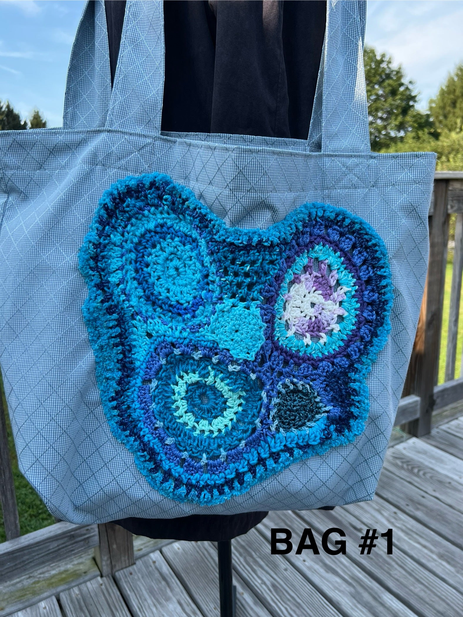 Tote Bag with Freeform Crochet in Blues