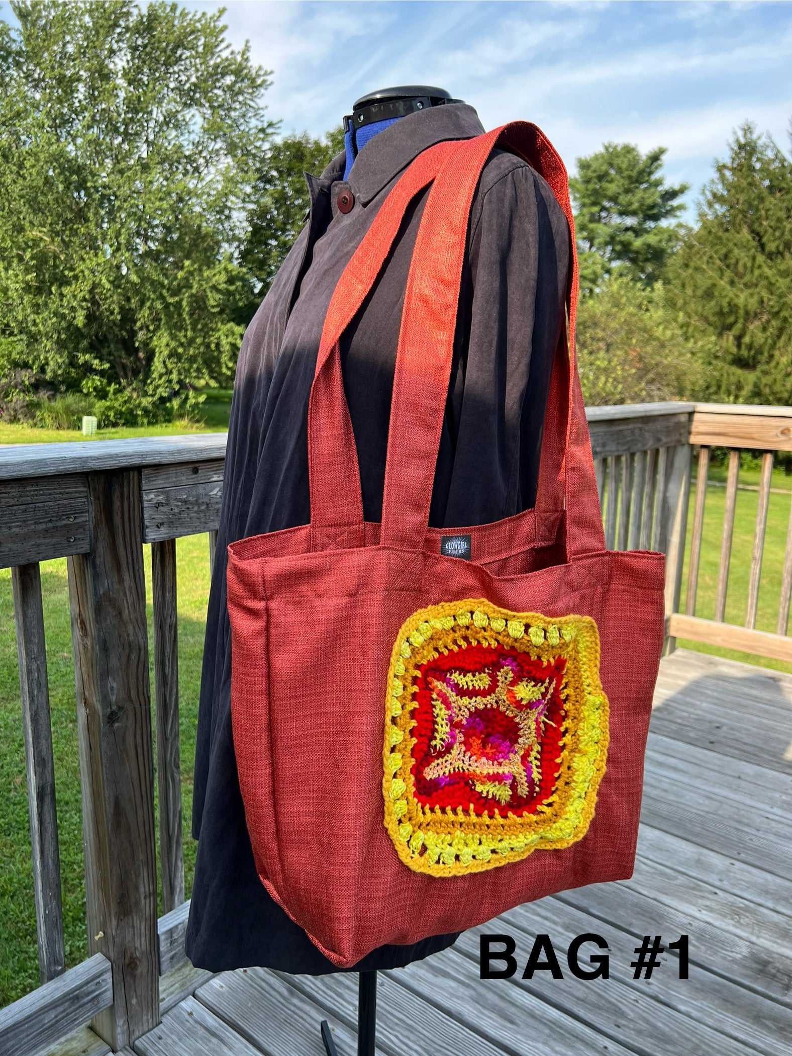Tote Bag with Freeform Crochet in Yellow/Red