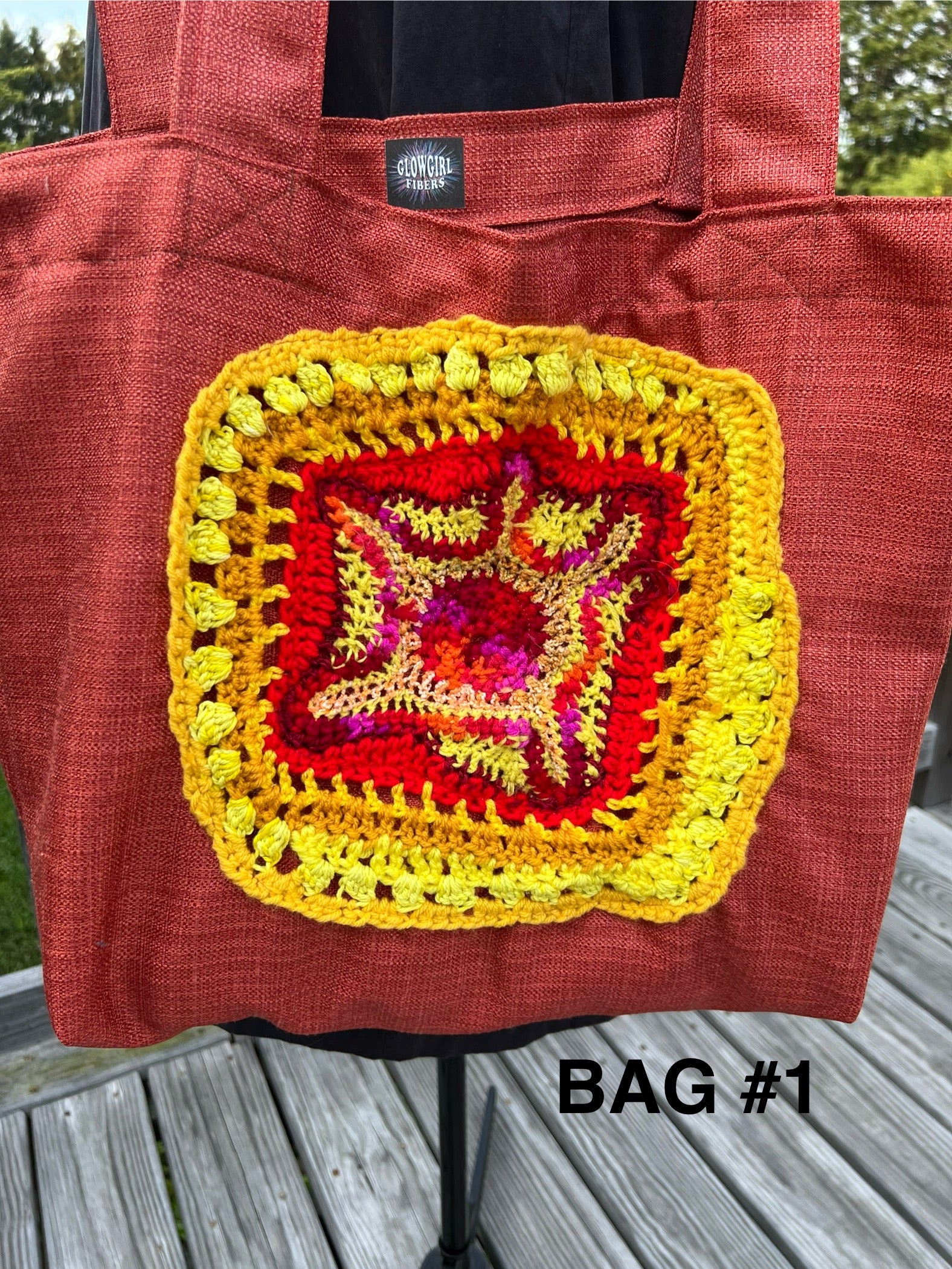 Tote Bag with Freeform Crochet in Yellow/Red