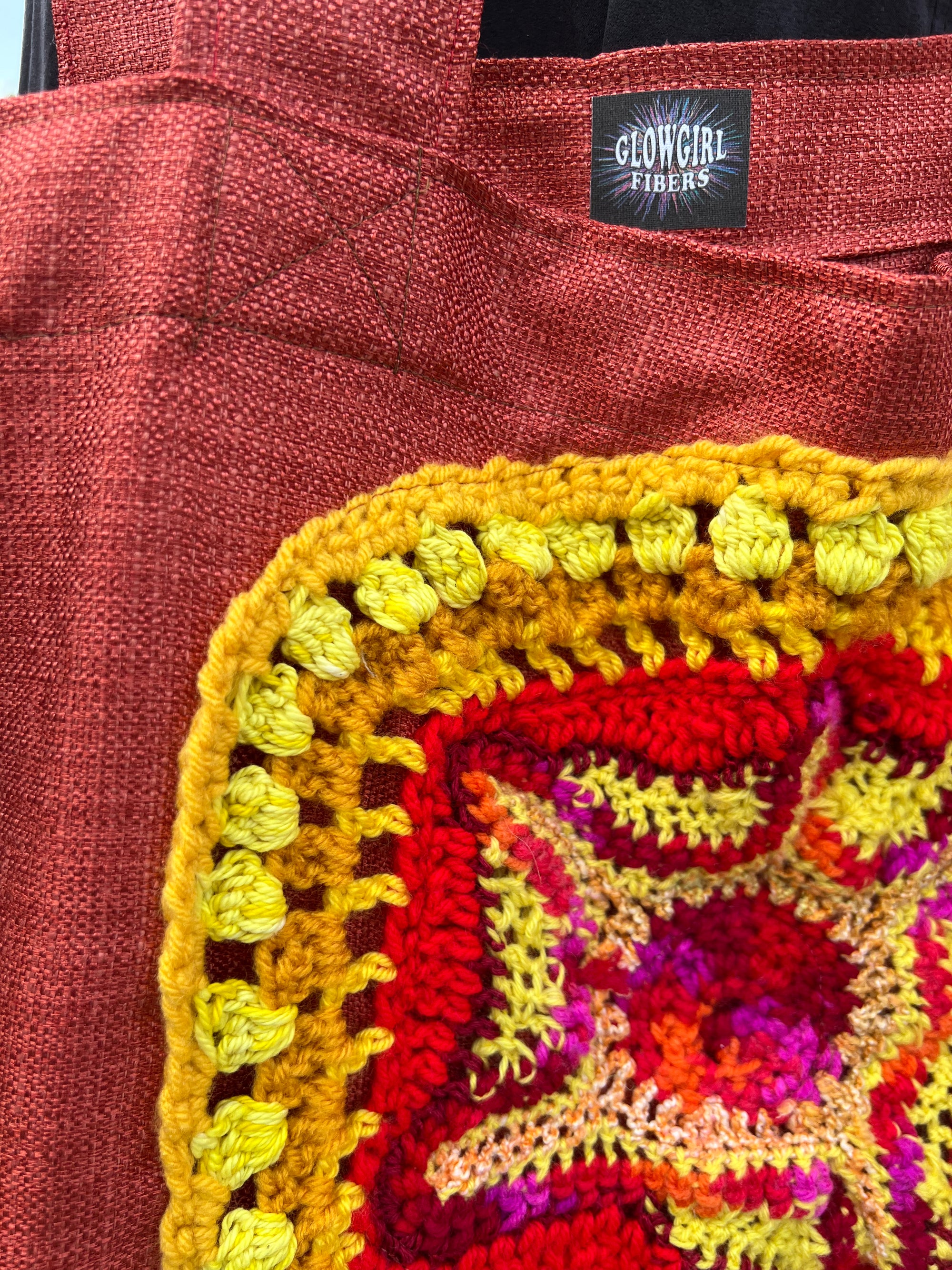 Tote Bag with Freeform Crochet in Yellow/Red