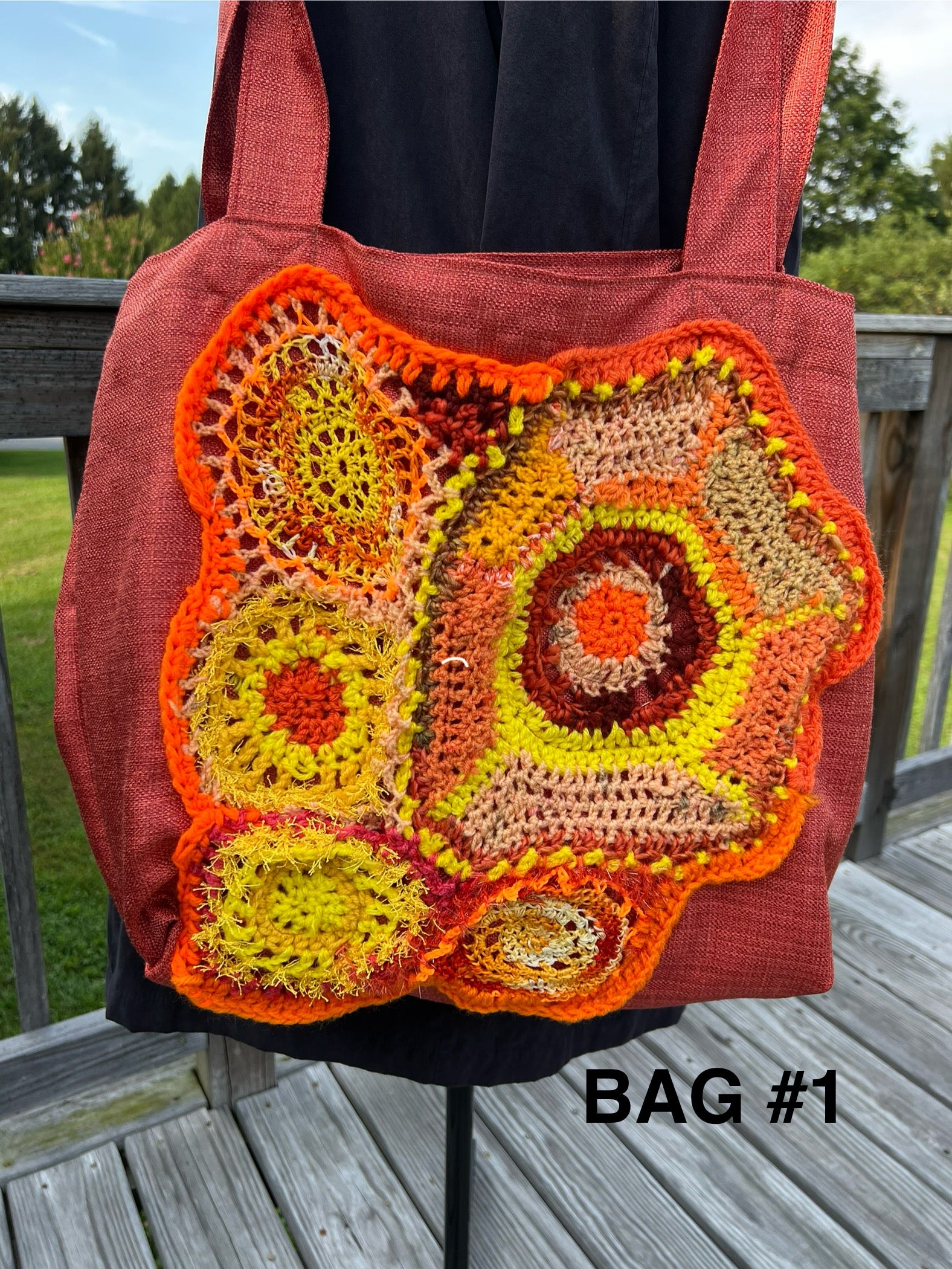 Tote Bag with Freeform Crochet in Oranges