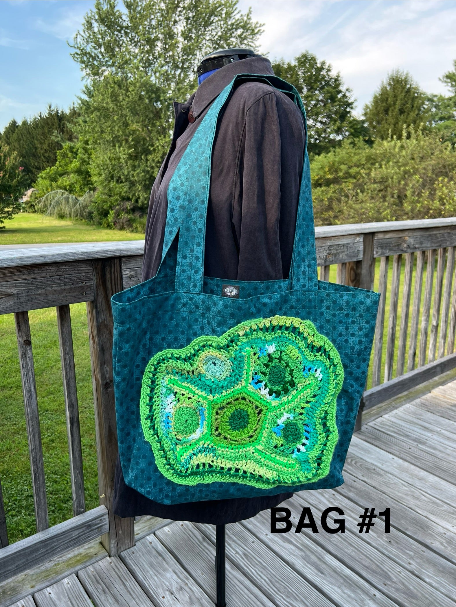 Tote Bag with Freeform Crochet in Greens