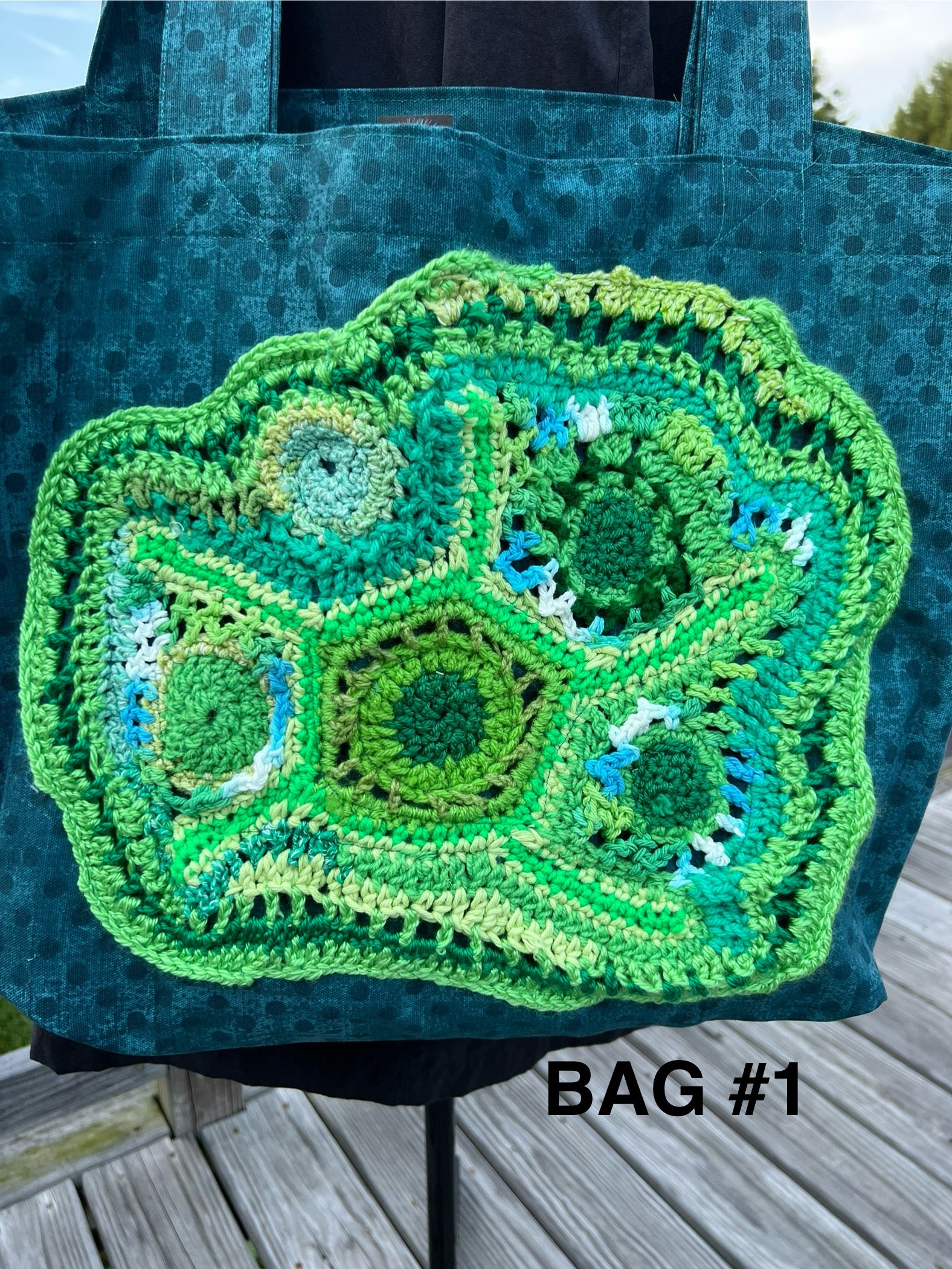 Tote Bag with Freeform Crochet in Greens