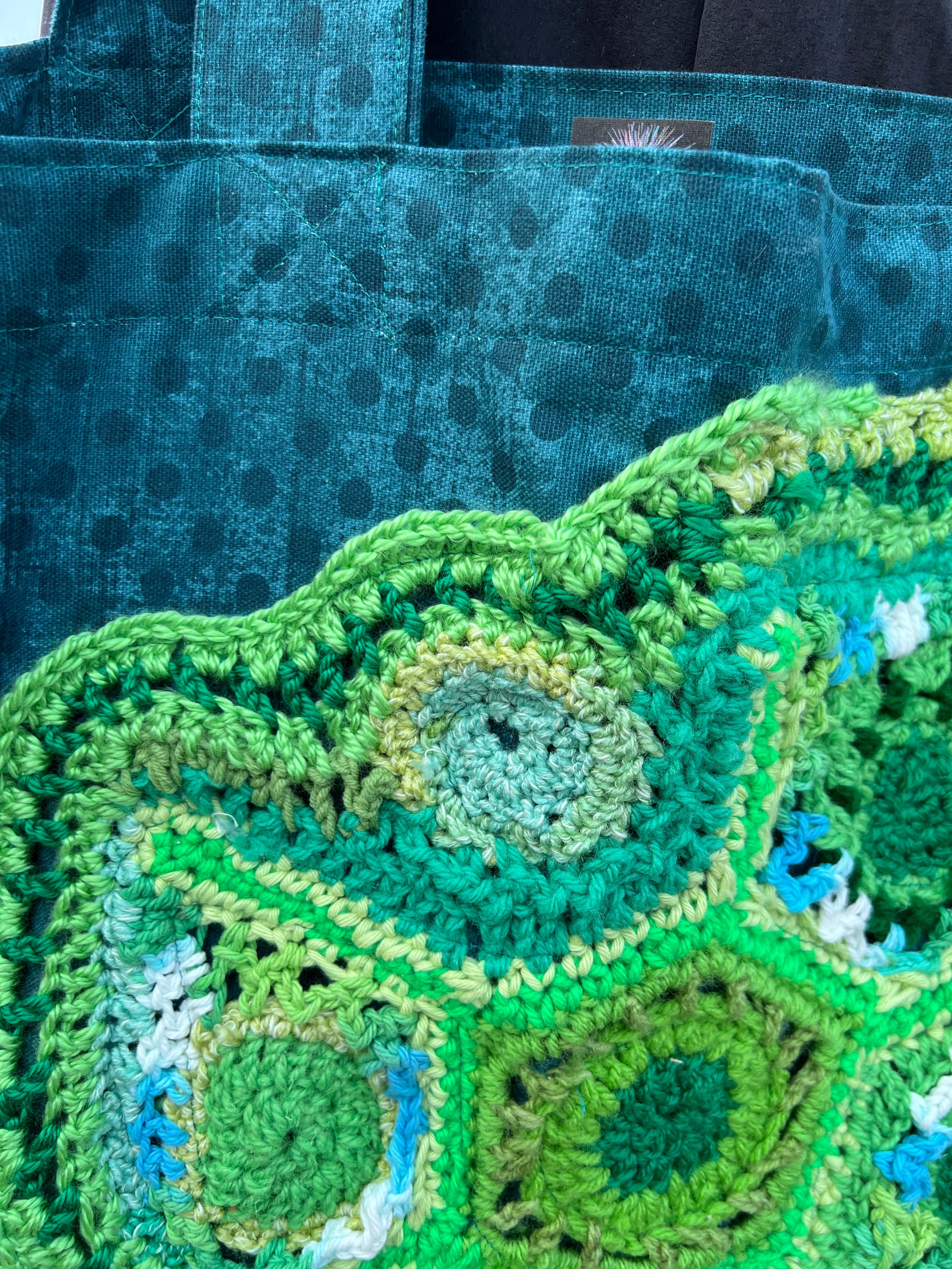 Tote Bag with Freeform Crochet in Greens