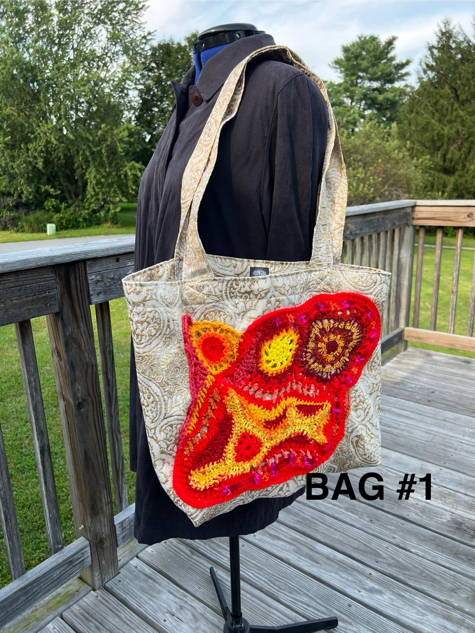 Tote Bag with Freeform Crochet in Reds