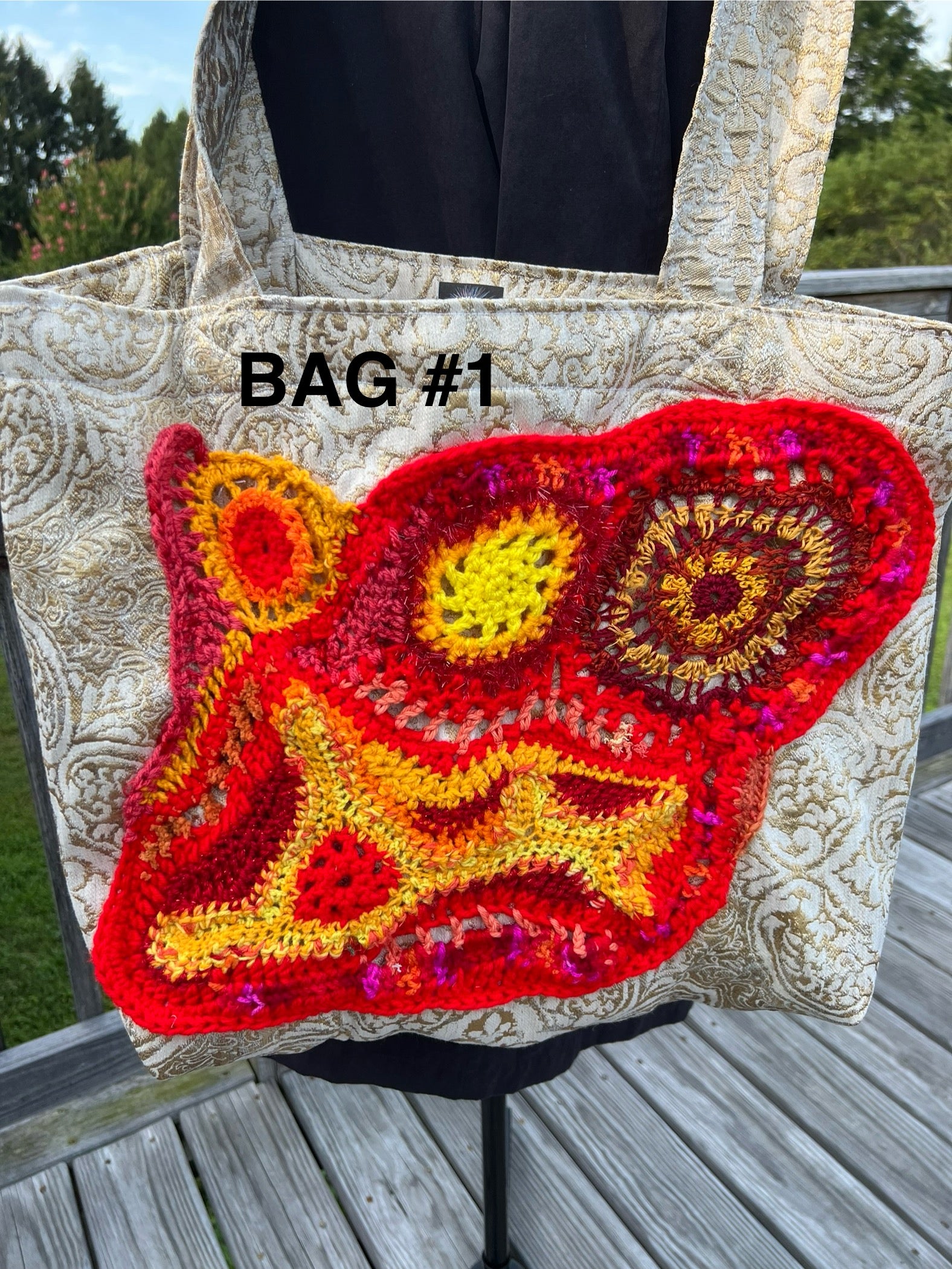 Tote Bag with Freeform Crochet in Reds