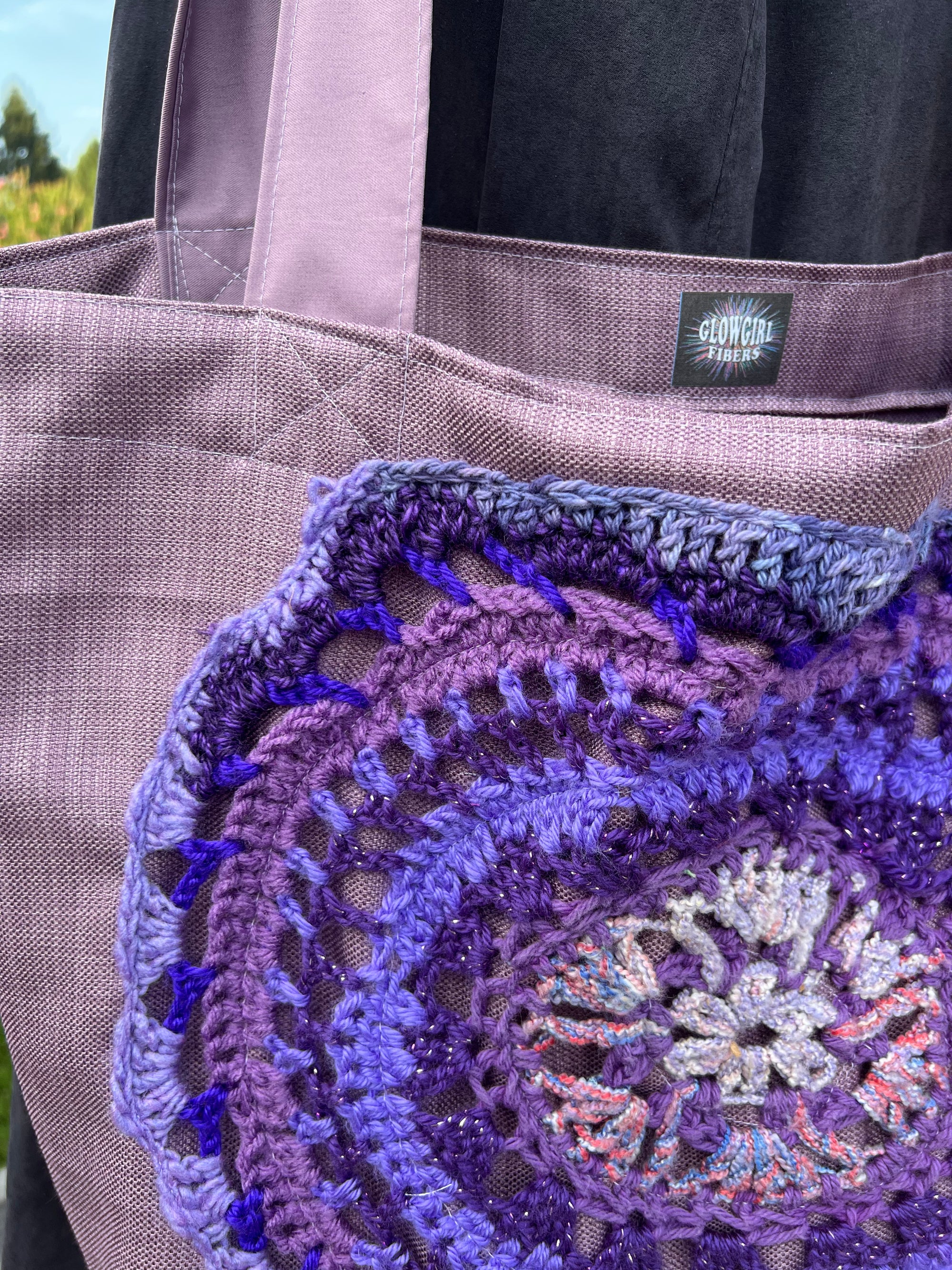 Tote Bag with Freeform Crochet in Purples