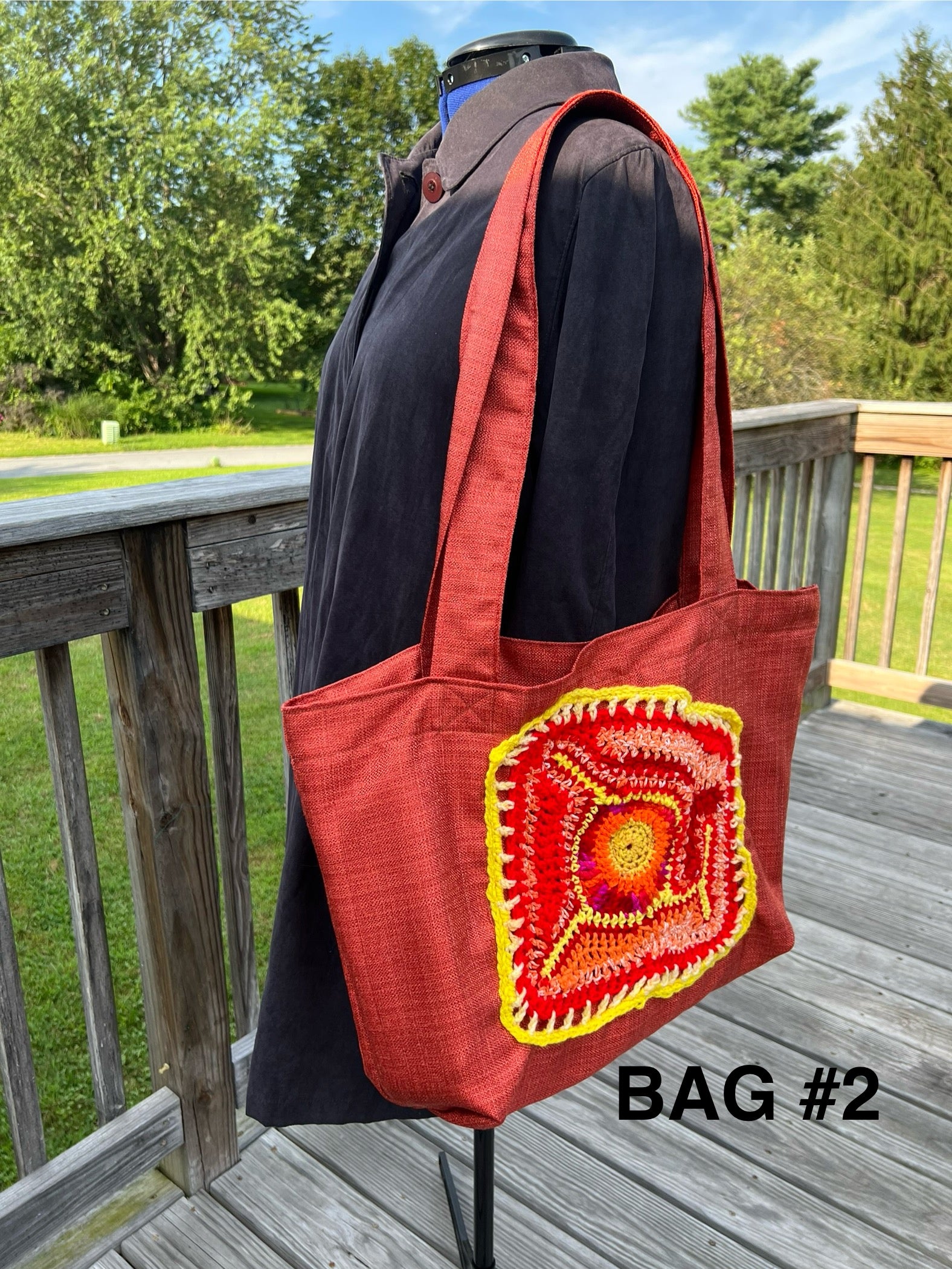 Tote Bag with Freeform Crochet in Yellow/Red