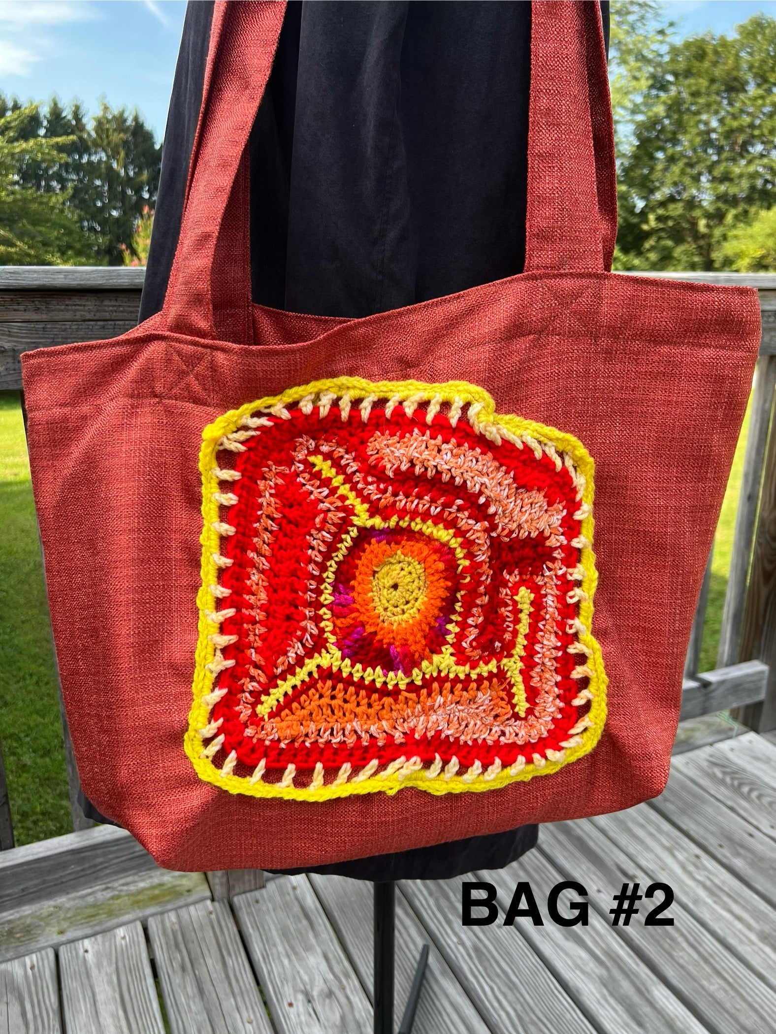 Tote Bag with Freeform Crochet in Yellow/Red