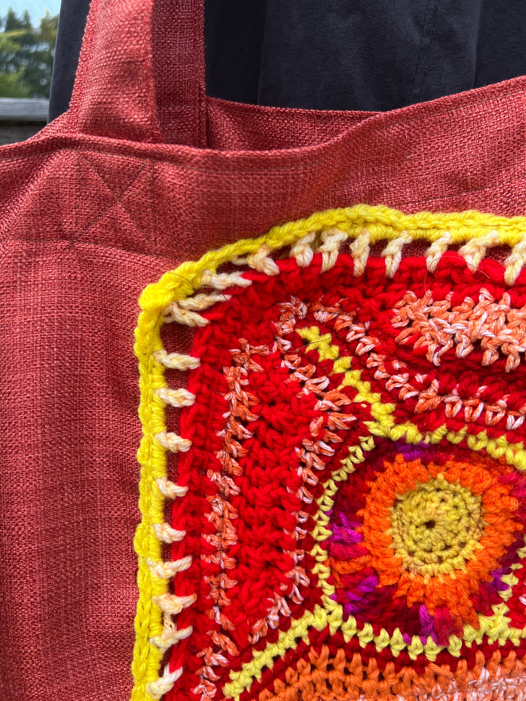 Tote Bag with Freeform Crochet in Yellow/Red