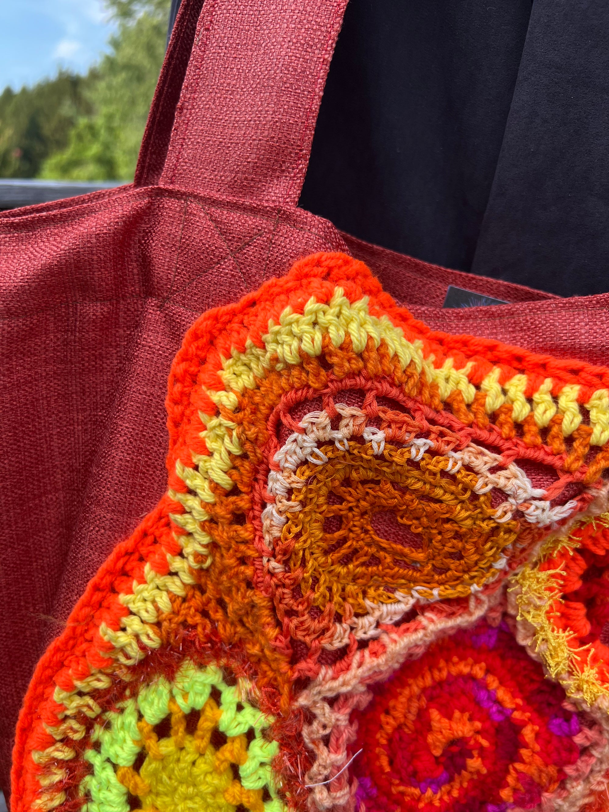 Tote Bag with Freeform Crochet in Oranges