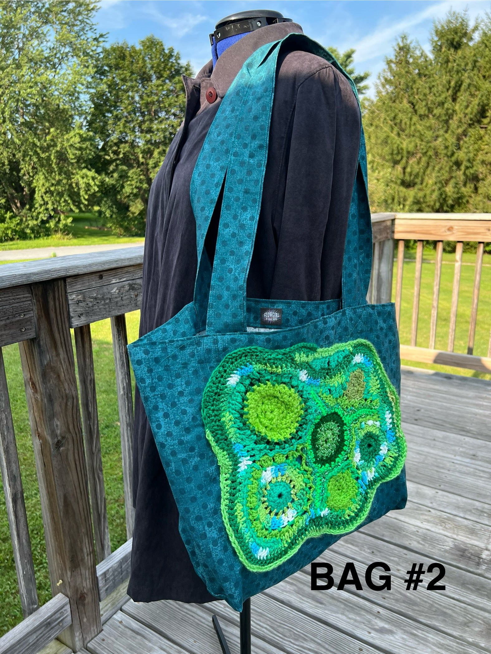 Tote Bag with Freeform Crochet in Greens