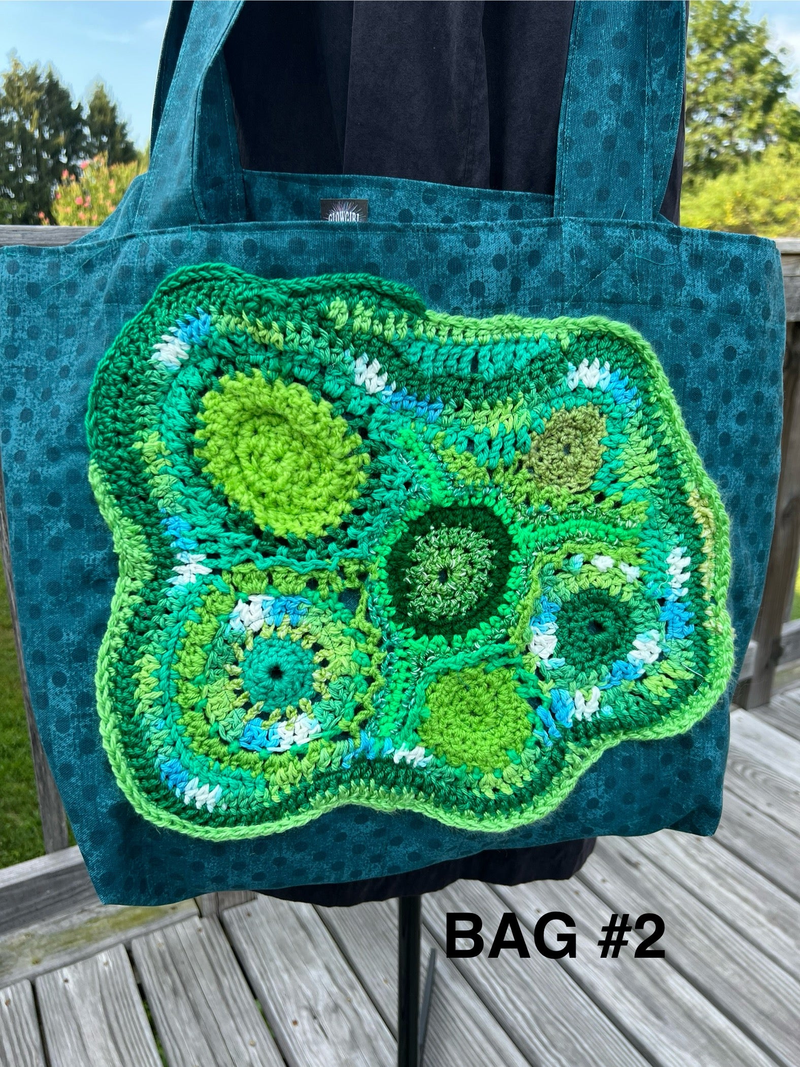 Tote Bag with Freeform Crochet in Greens