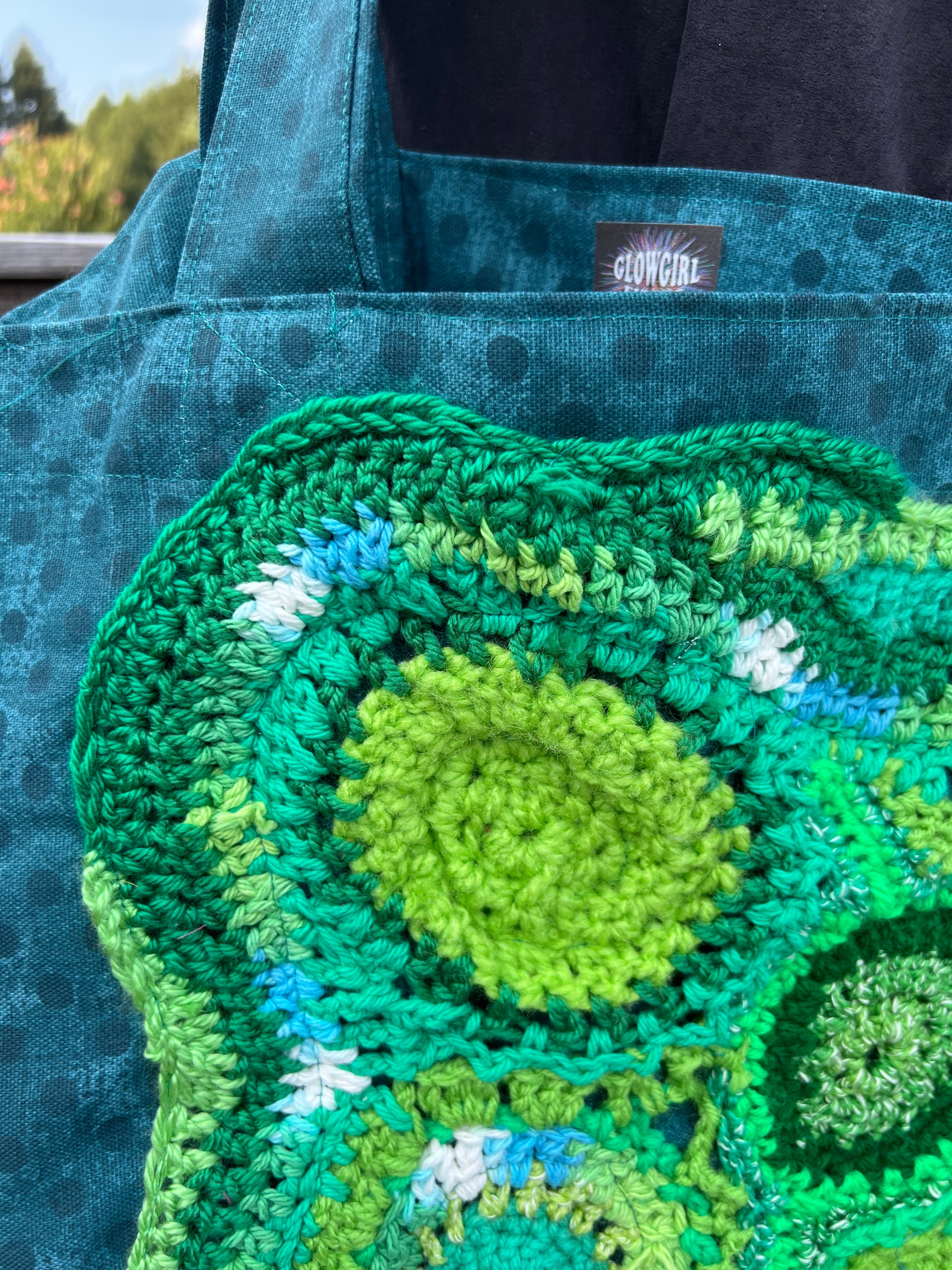 Tote Bag with Freeform Crochet in Greens