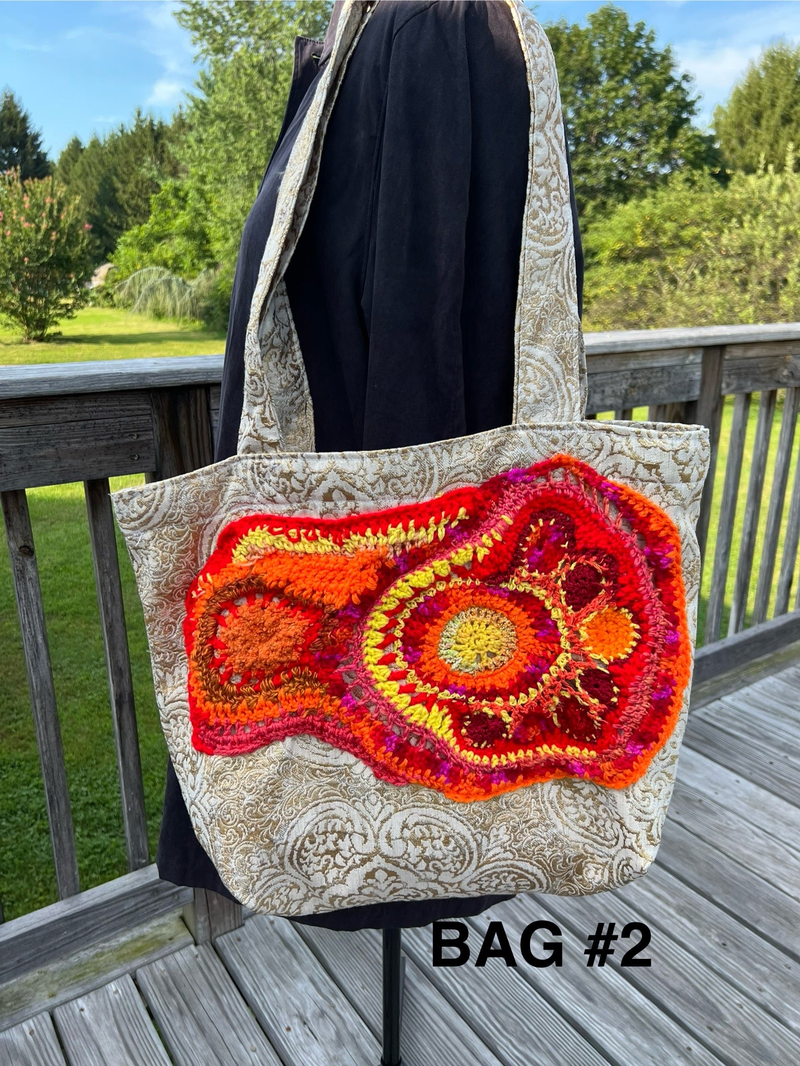 Tote Bag with Freeform Crochet in Reds