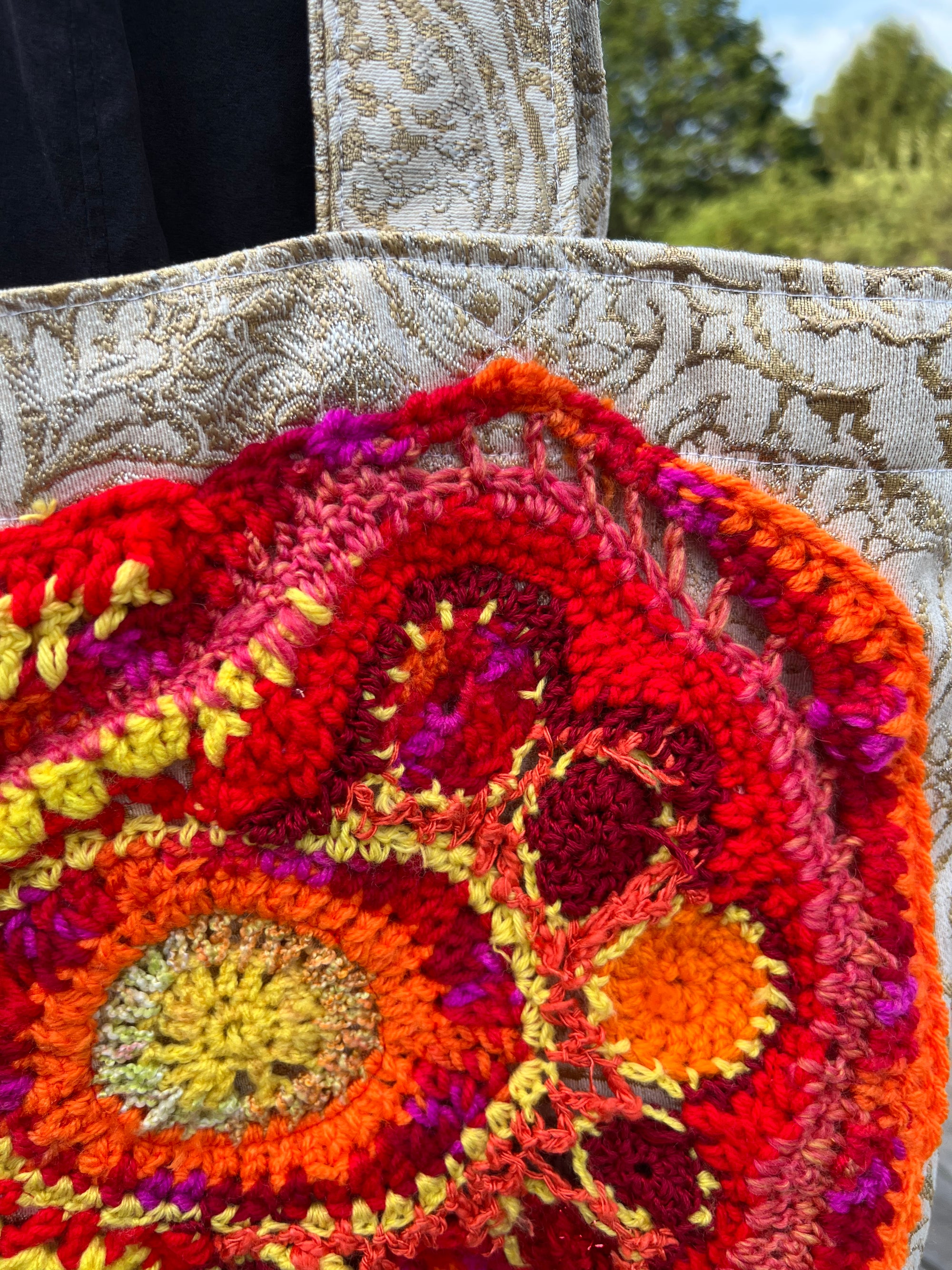 Tote Bag with Freeform Crochet in Reds