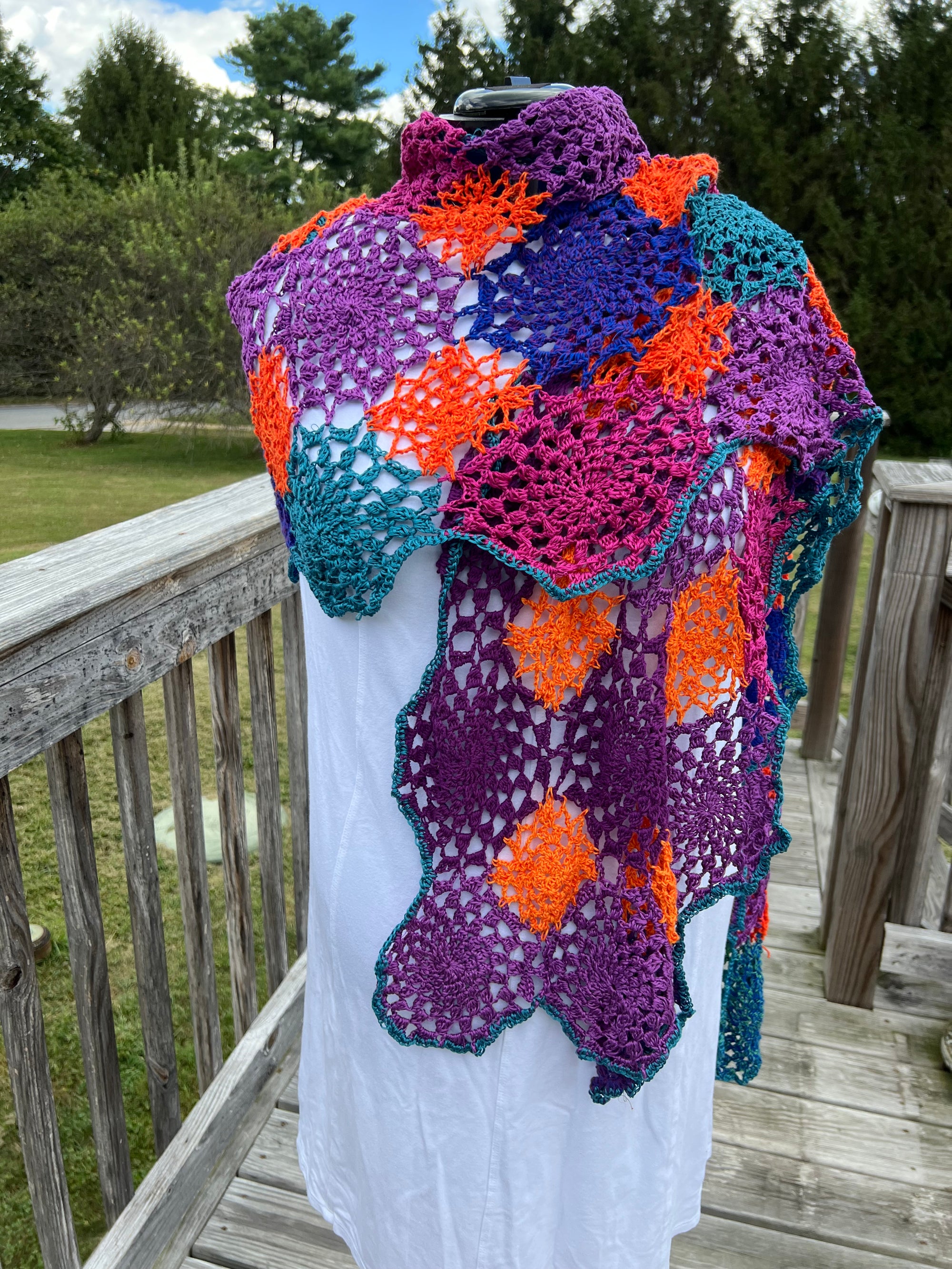 Summer Shawl Open Crochet Magenta, Coral, Blue and Purple