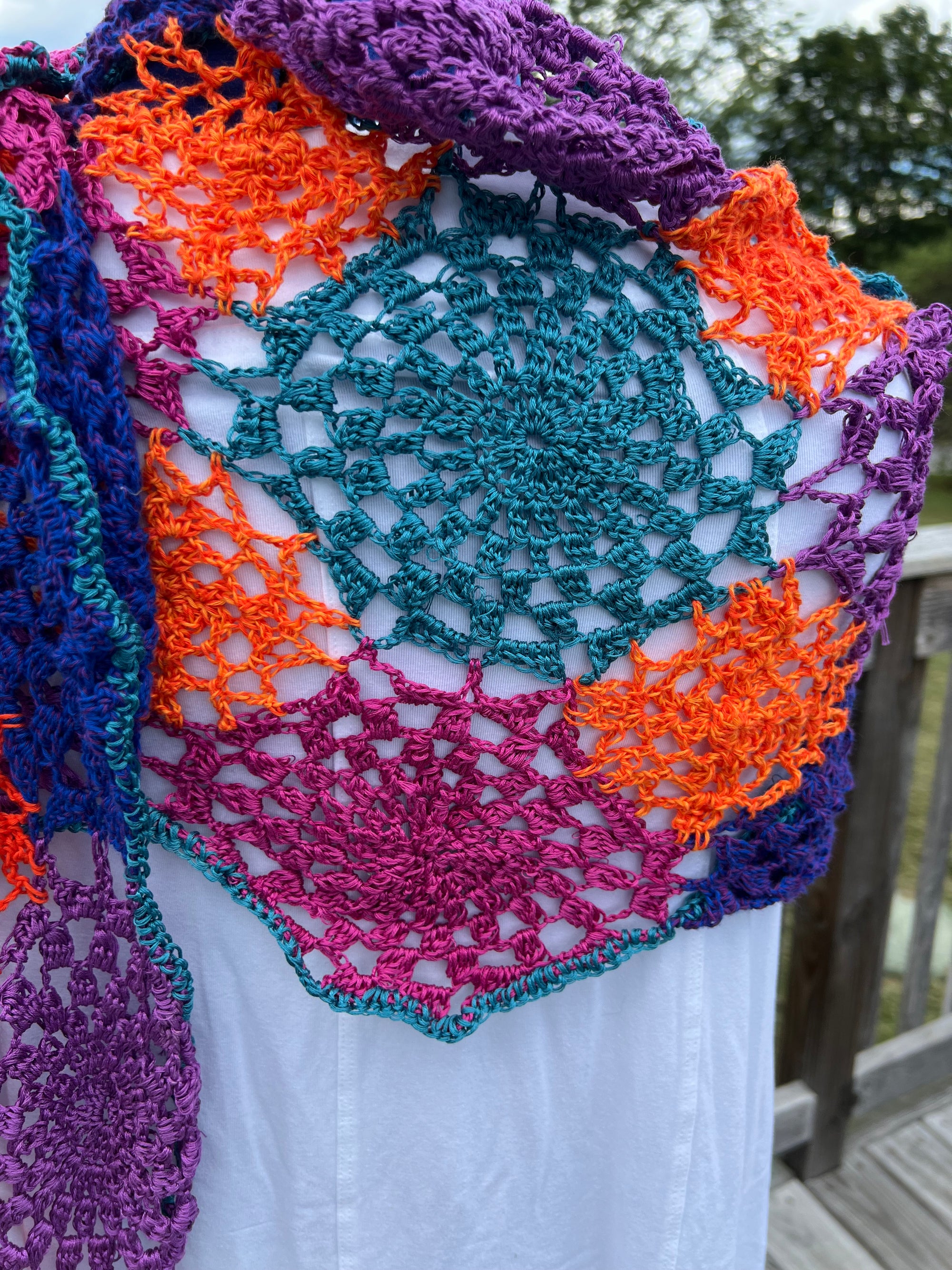 Summer Shawl Open Crochet Magenta, Coral, Blue and Purple