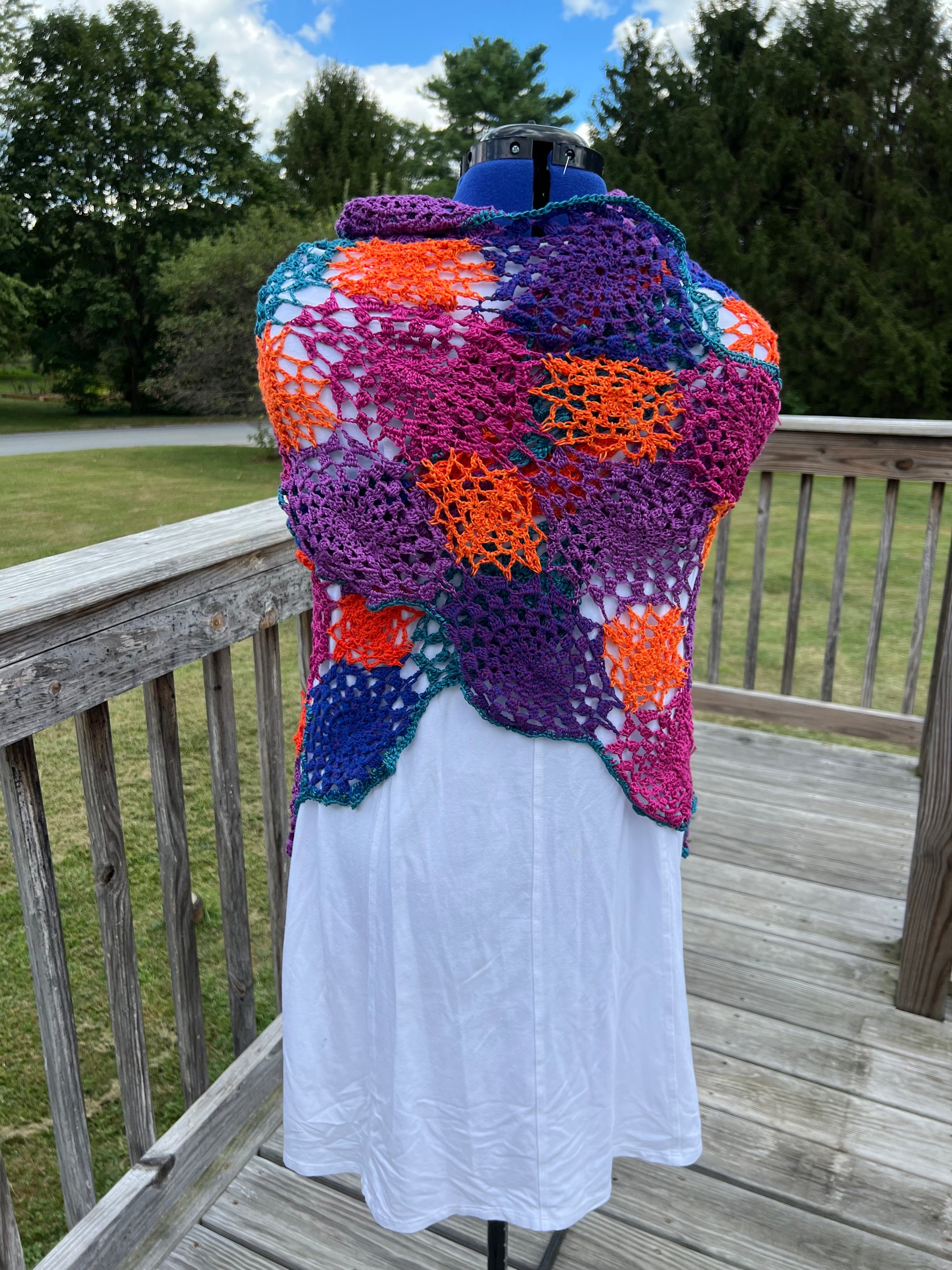 Summer Shawl Open Crochet Magenta, Coral, Blue and Purple