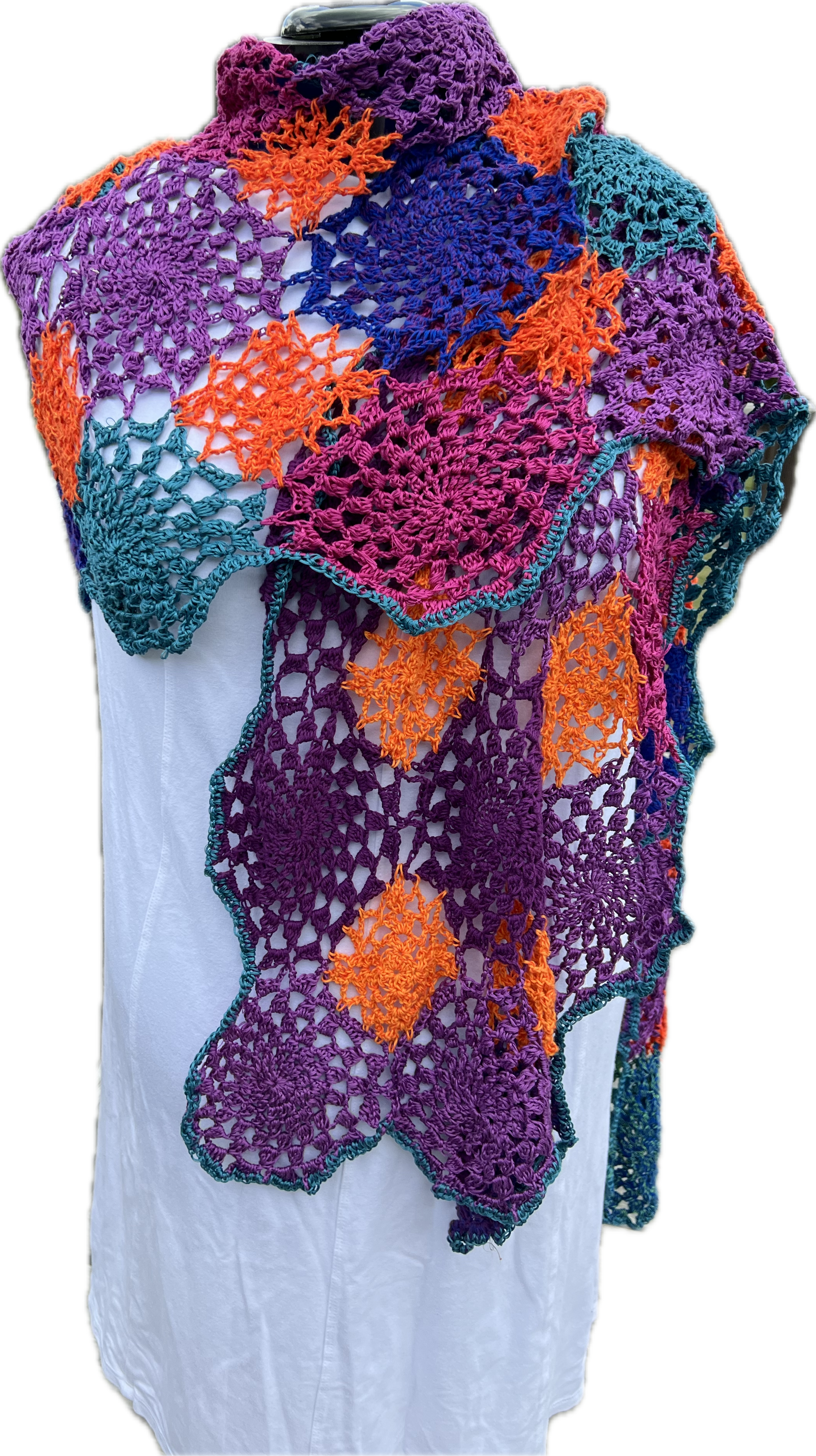Summer Shawl Open Crochet Magenta, Coral, Blue and Purple