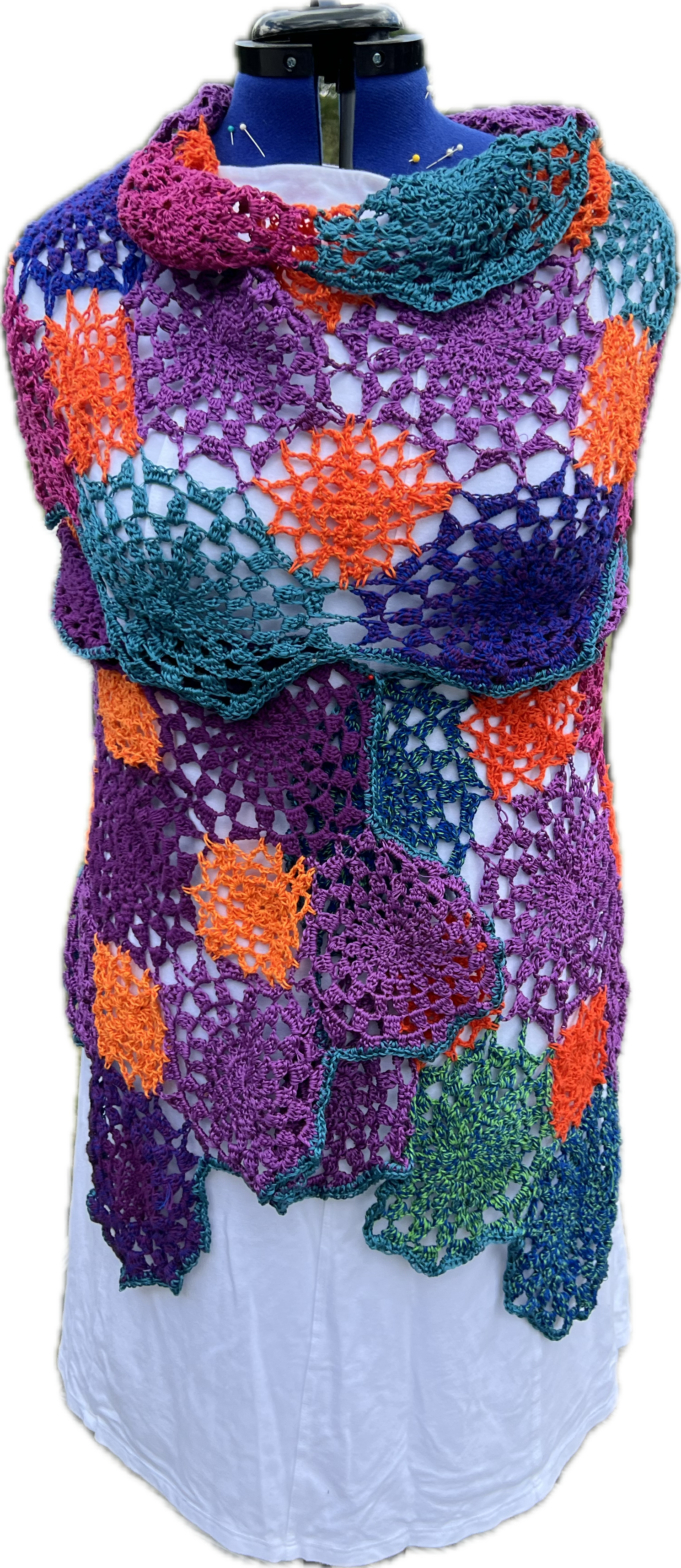 Summer Shawl Open Crochet Magenta, Coral, Blue and Purple
