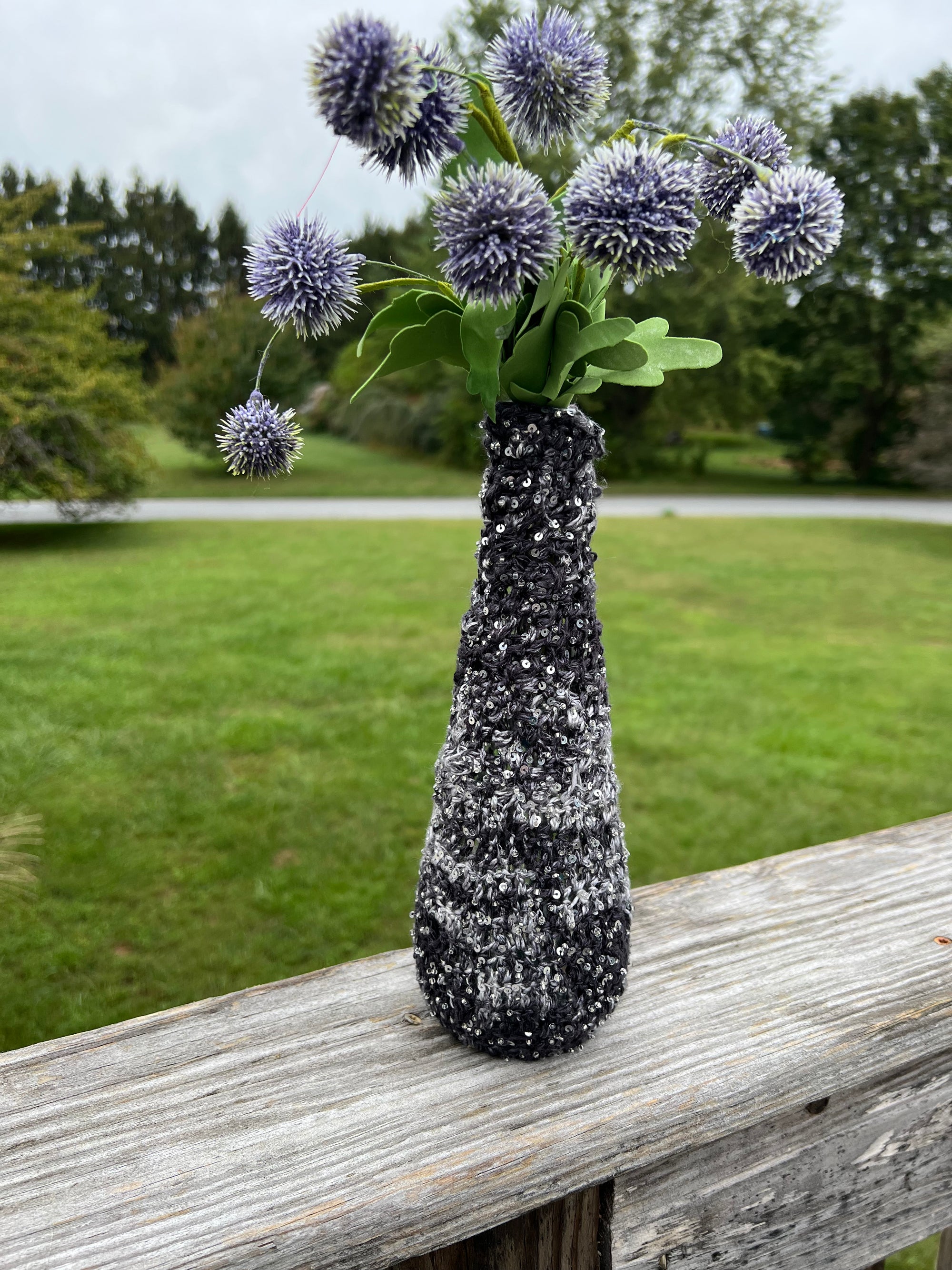 Upcycled Glass Vase in Black, Gray and Sequins