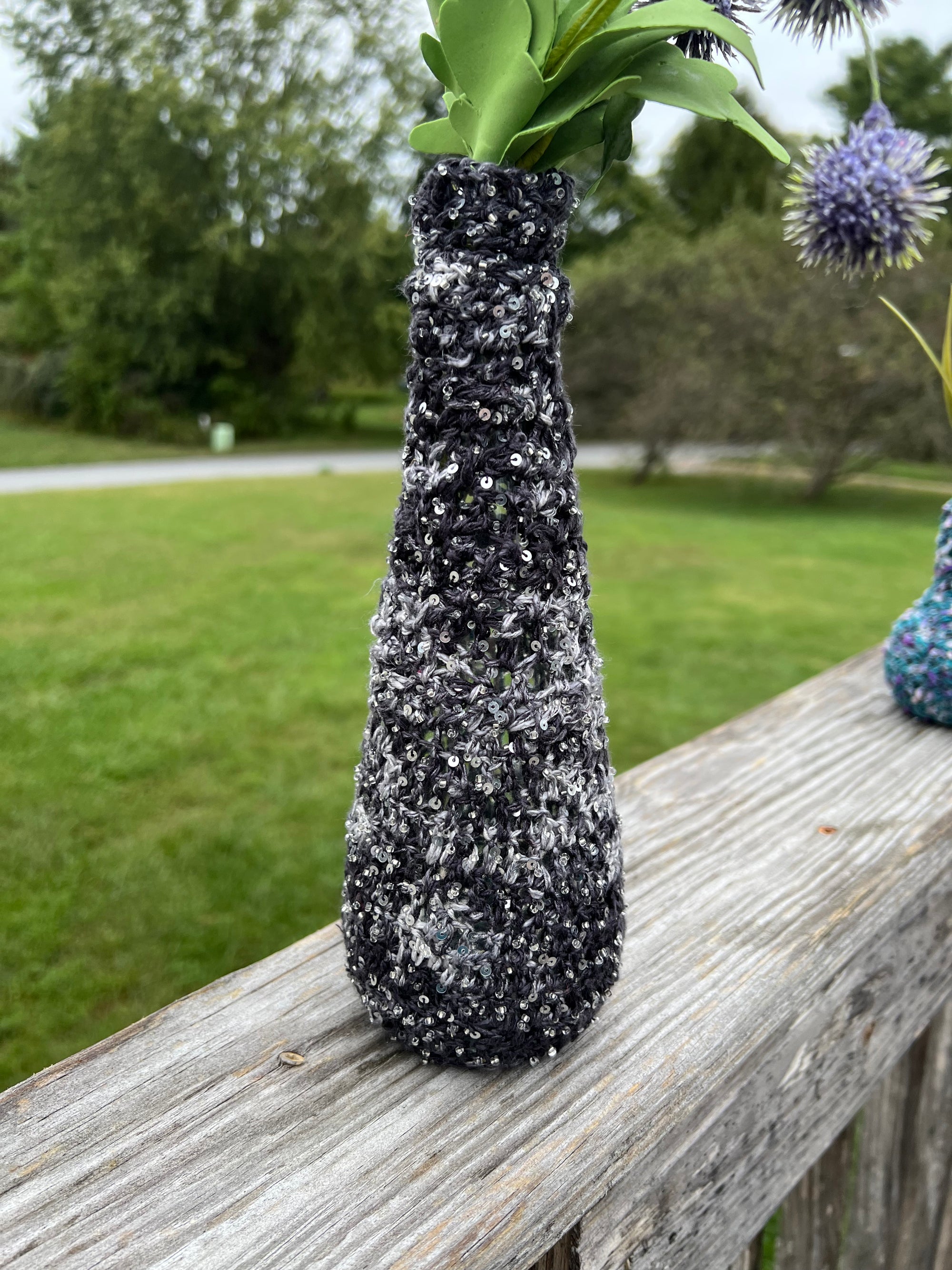 Upcycled Glass Vase in Black, Gray and Sequins