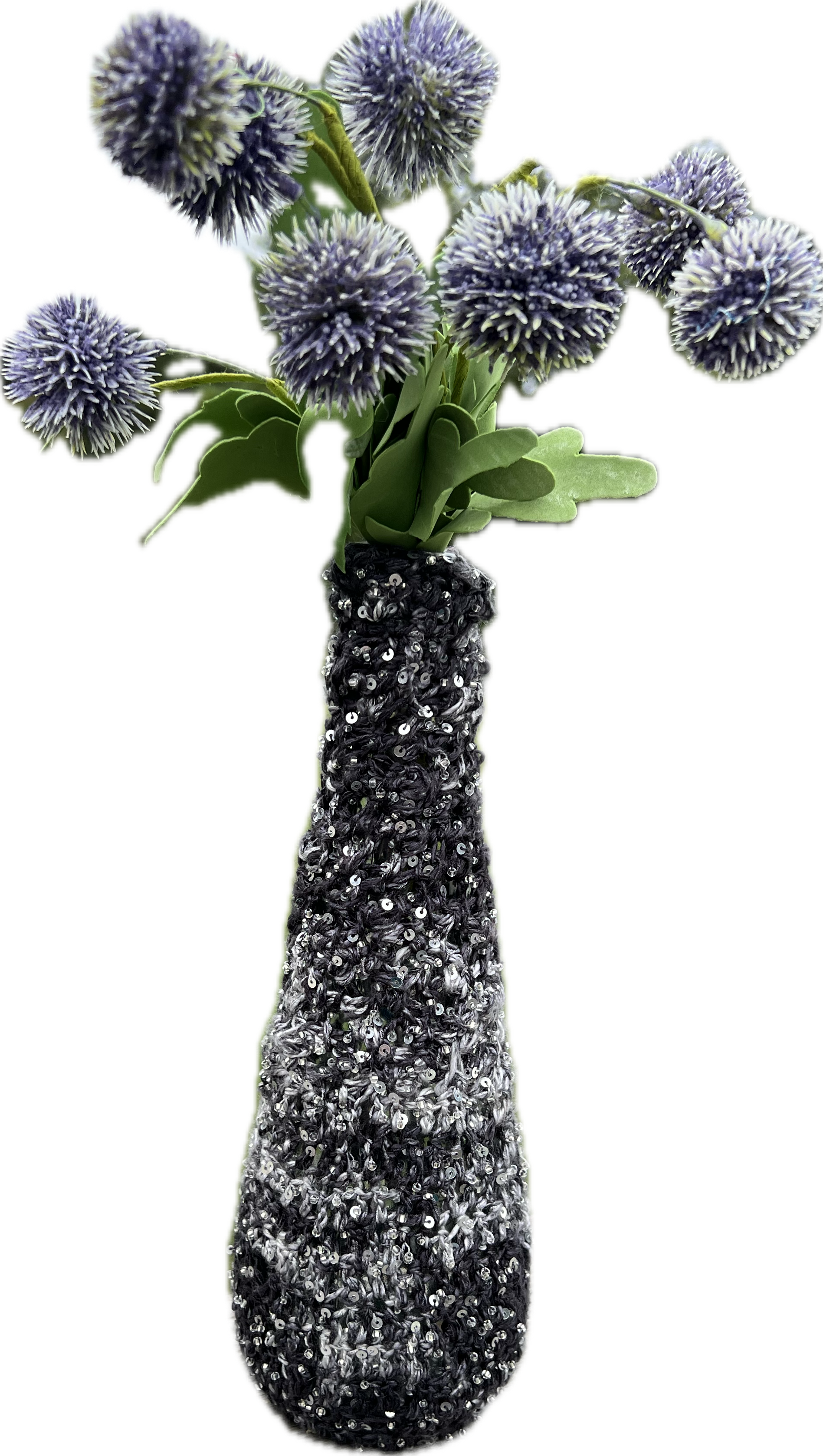 Upcycled Glass Vase in Black, Gray and Sequins