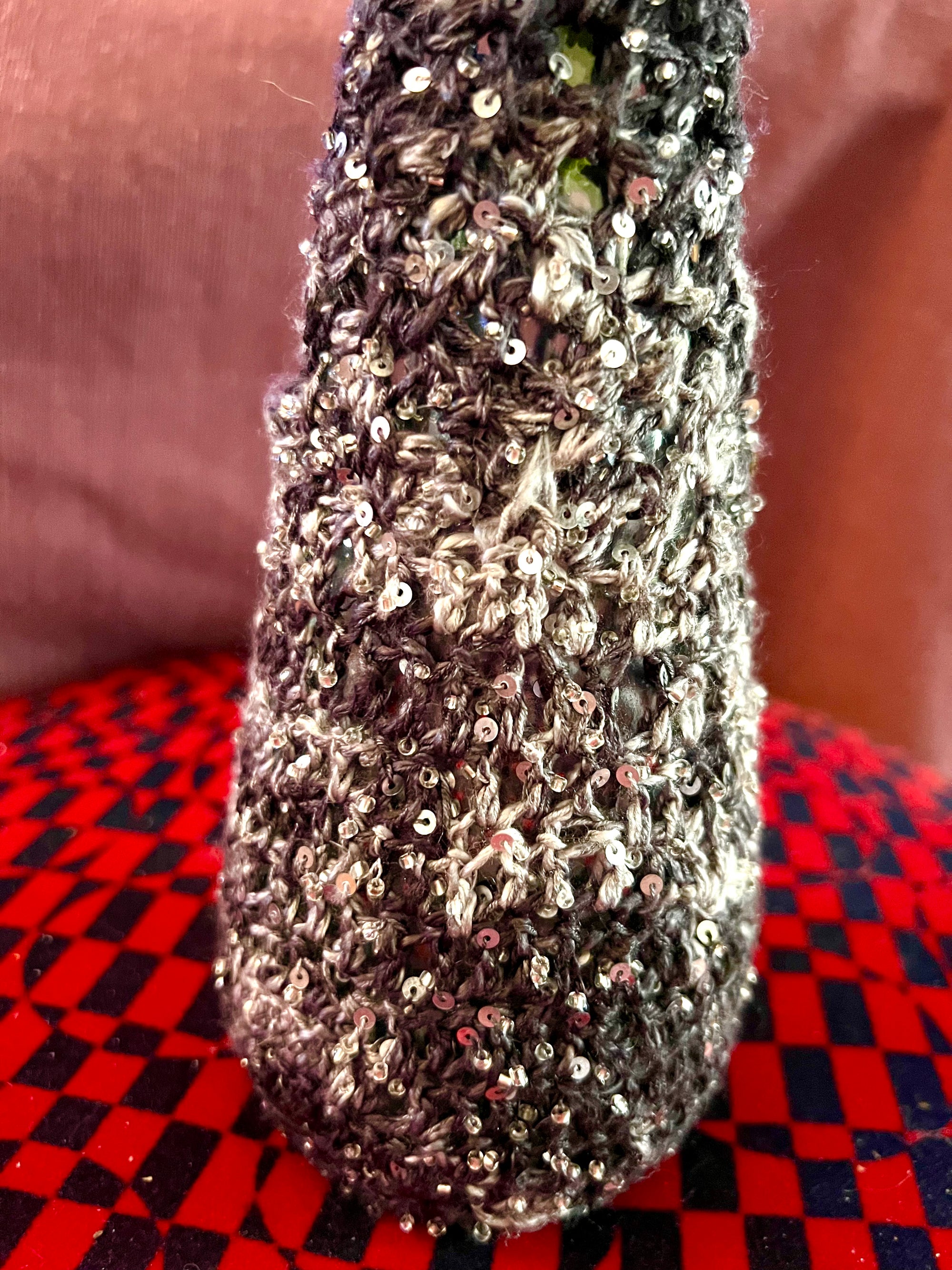 Upcycled Glass Vase in Black, Gray and Sequins