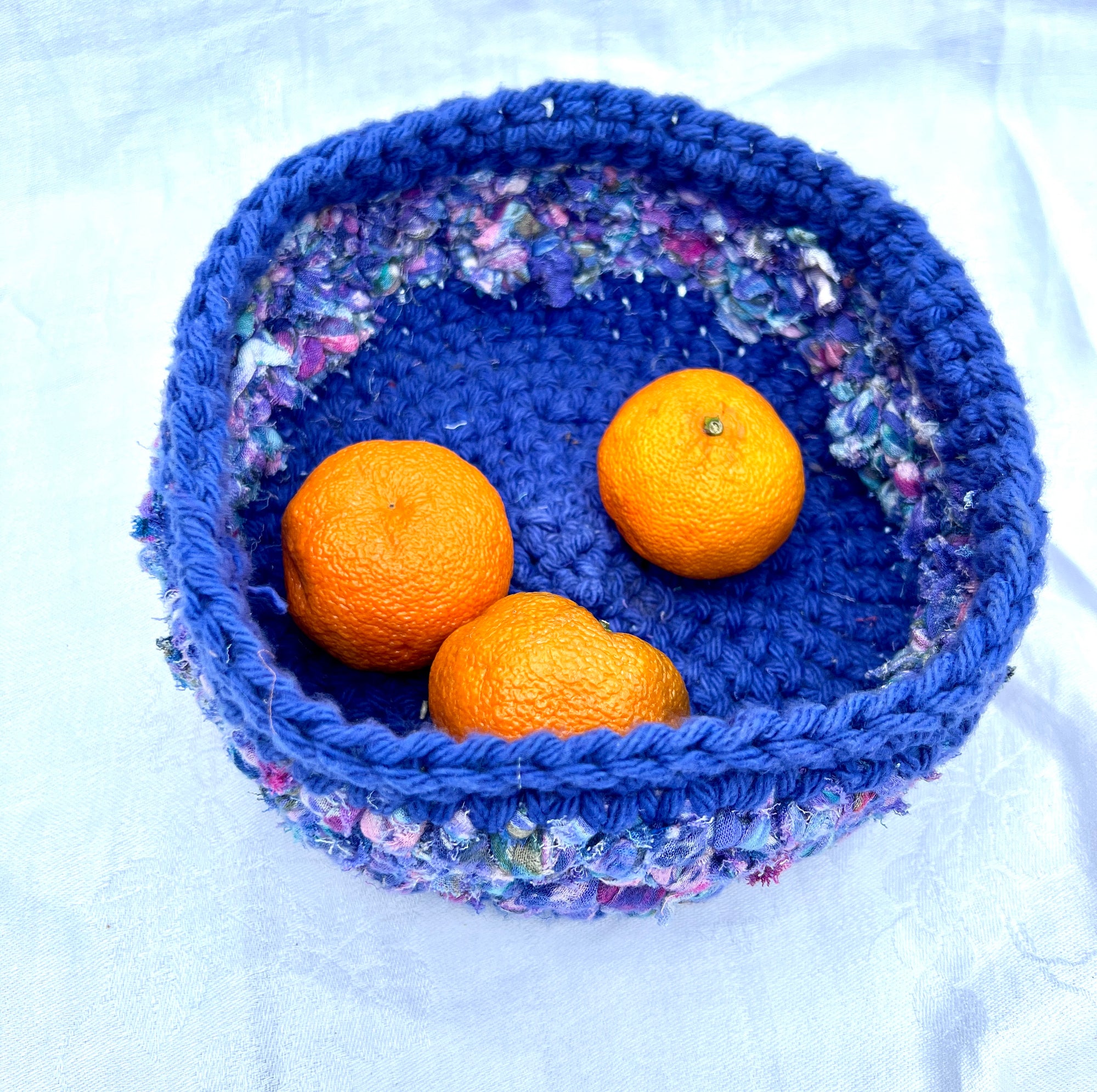 Crocheted Basket Blue Cotton with Muted Blue and Rose Accent