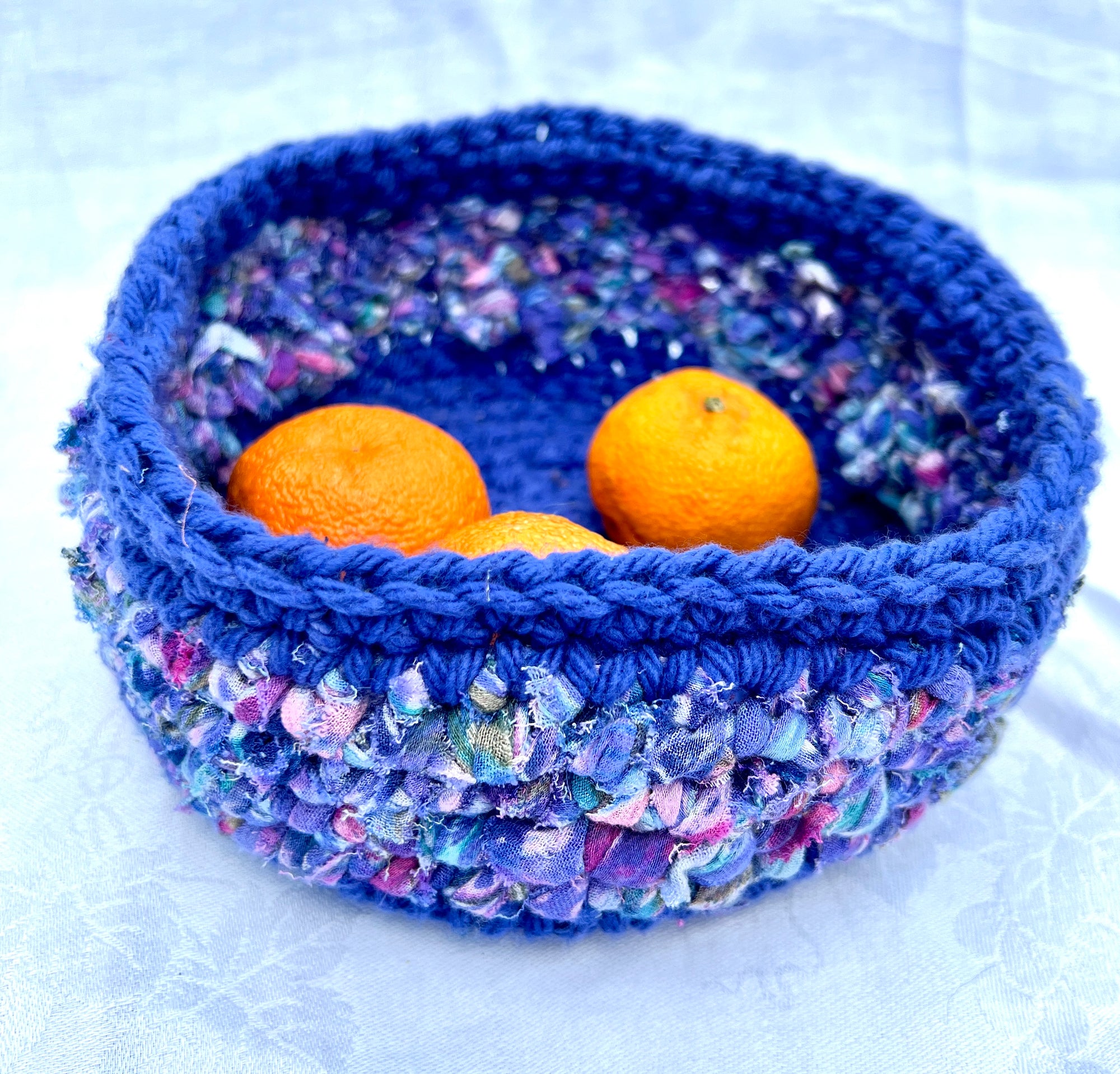Crocheted Basket Blue Cotton with Muted Blue and Rose Accent