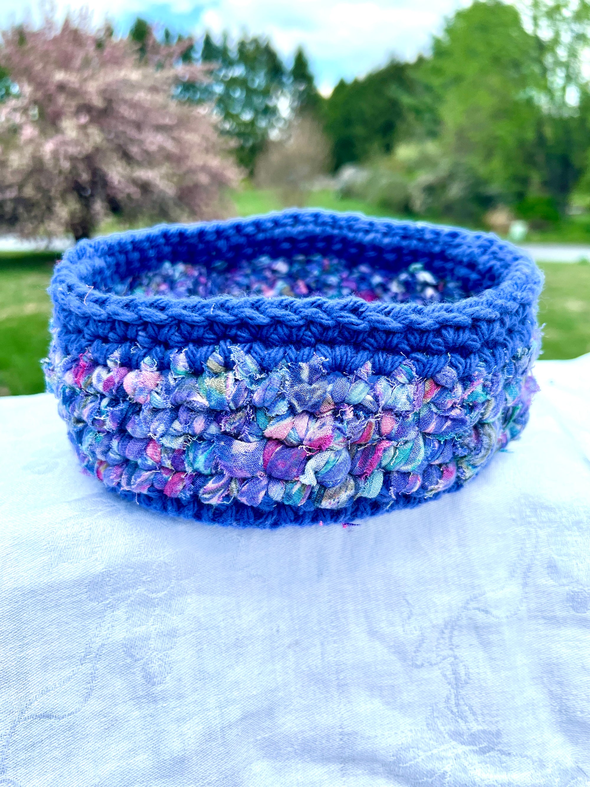 Crocheted Basket Blue Cotton with Muted Blue and Rose Accent