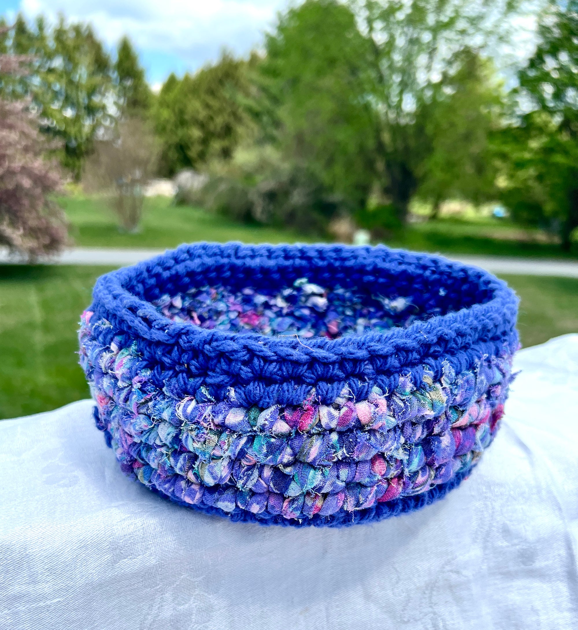 Crocheted Basket Blue Cotton with Muted Blue and Rose Accent