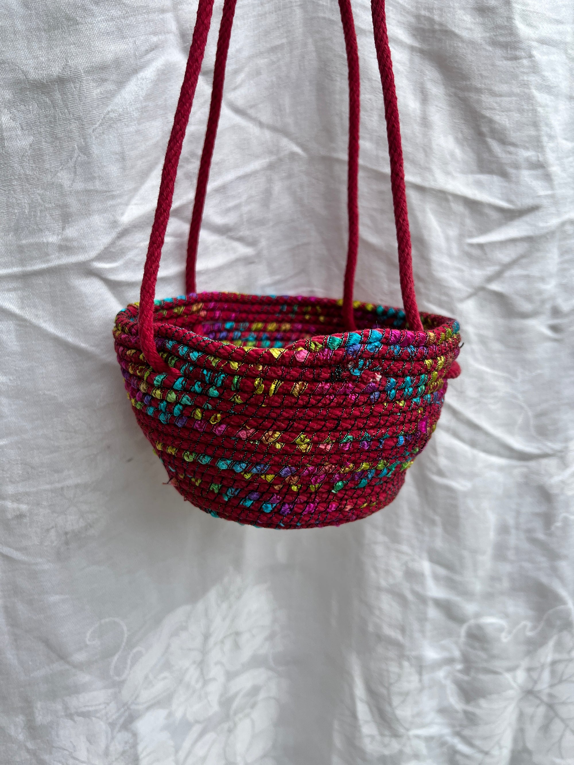Hanging Planter Coiled Rope Wine with Ribbon
