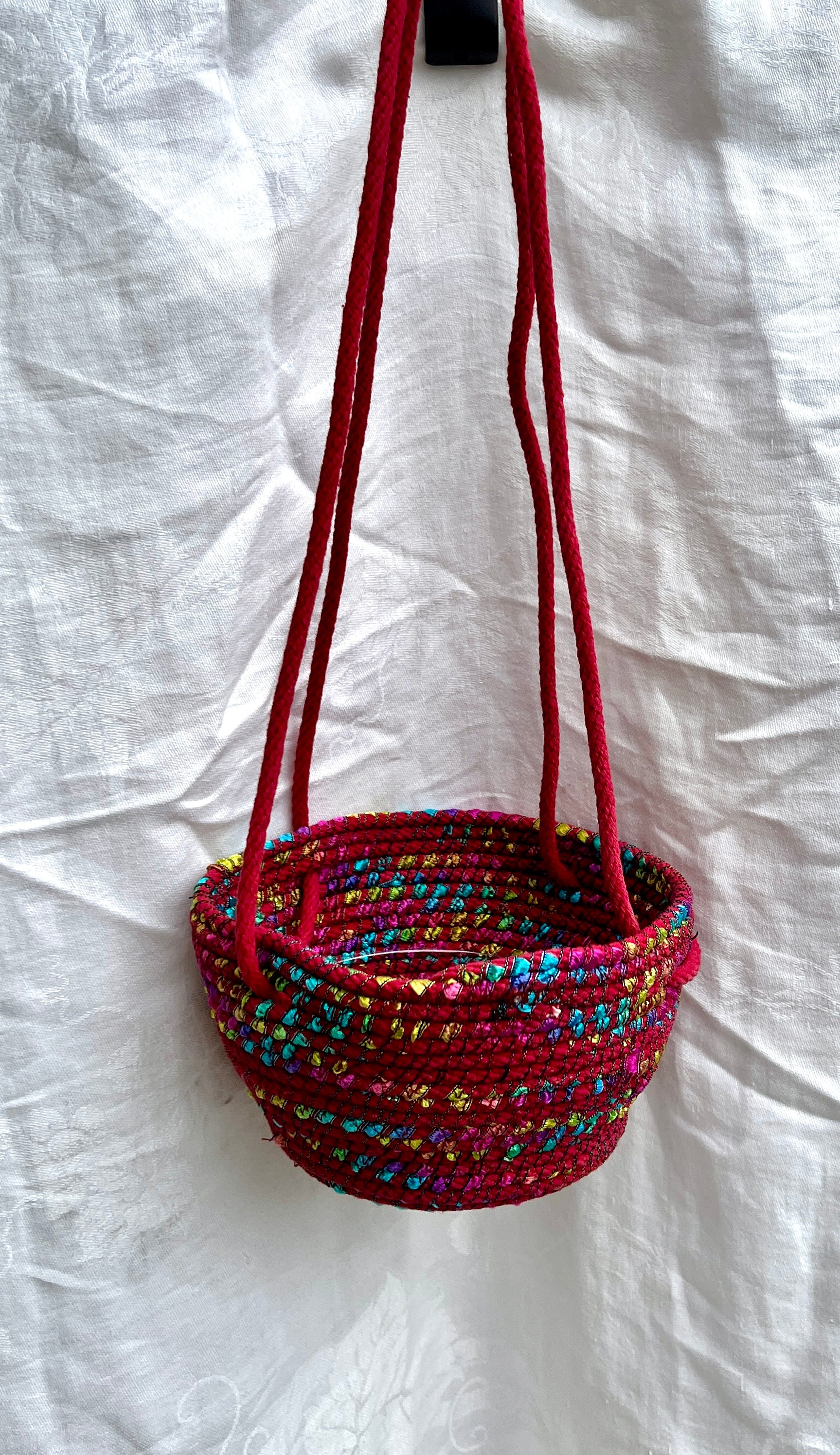 Hanging Planter Coiled Rope Wine with Ribbon