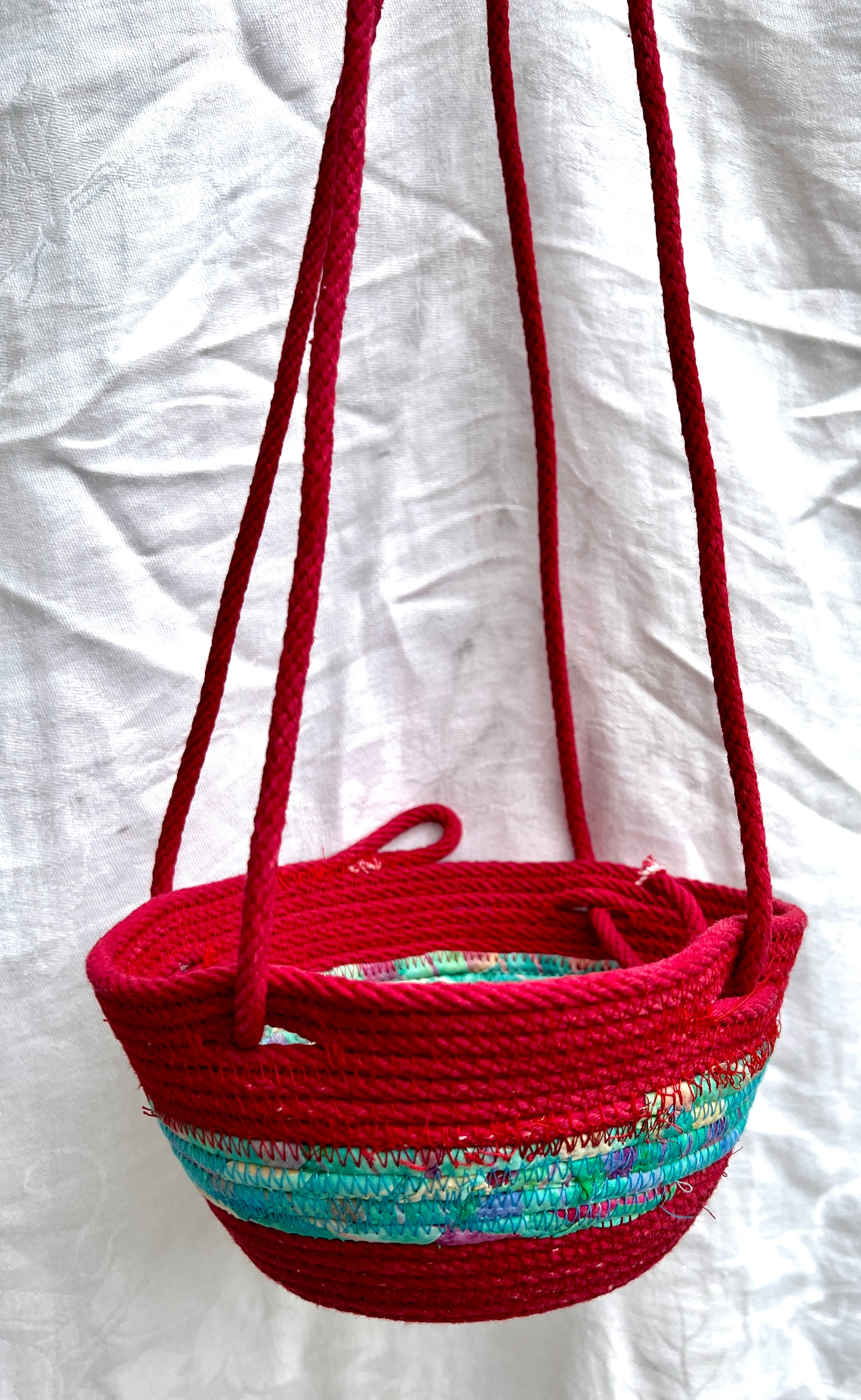 Hanging Planter Coiled Rope Wine with Teal