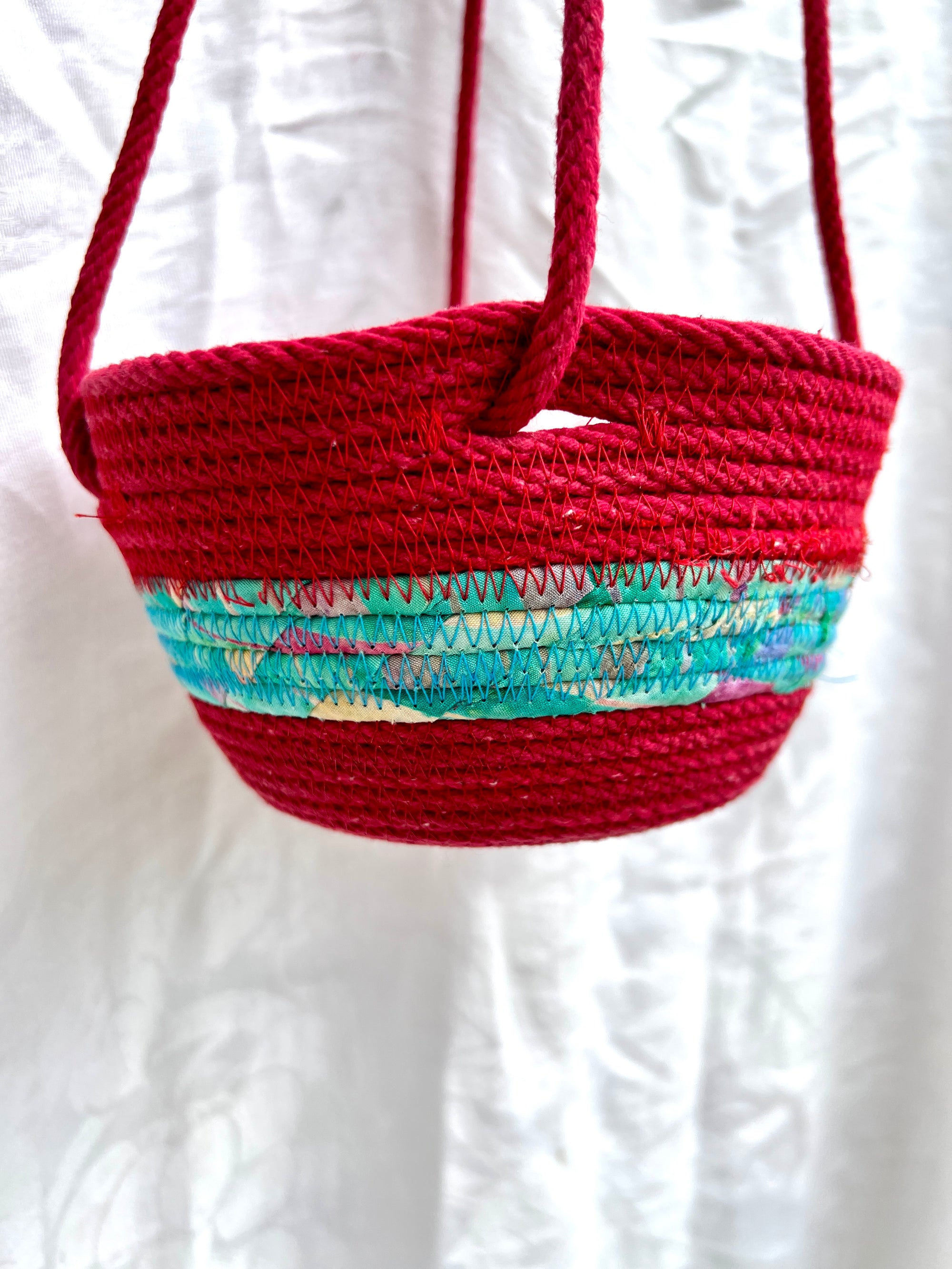 Hanging Planter Coiled Rope Wine with Teal