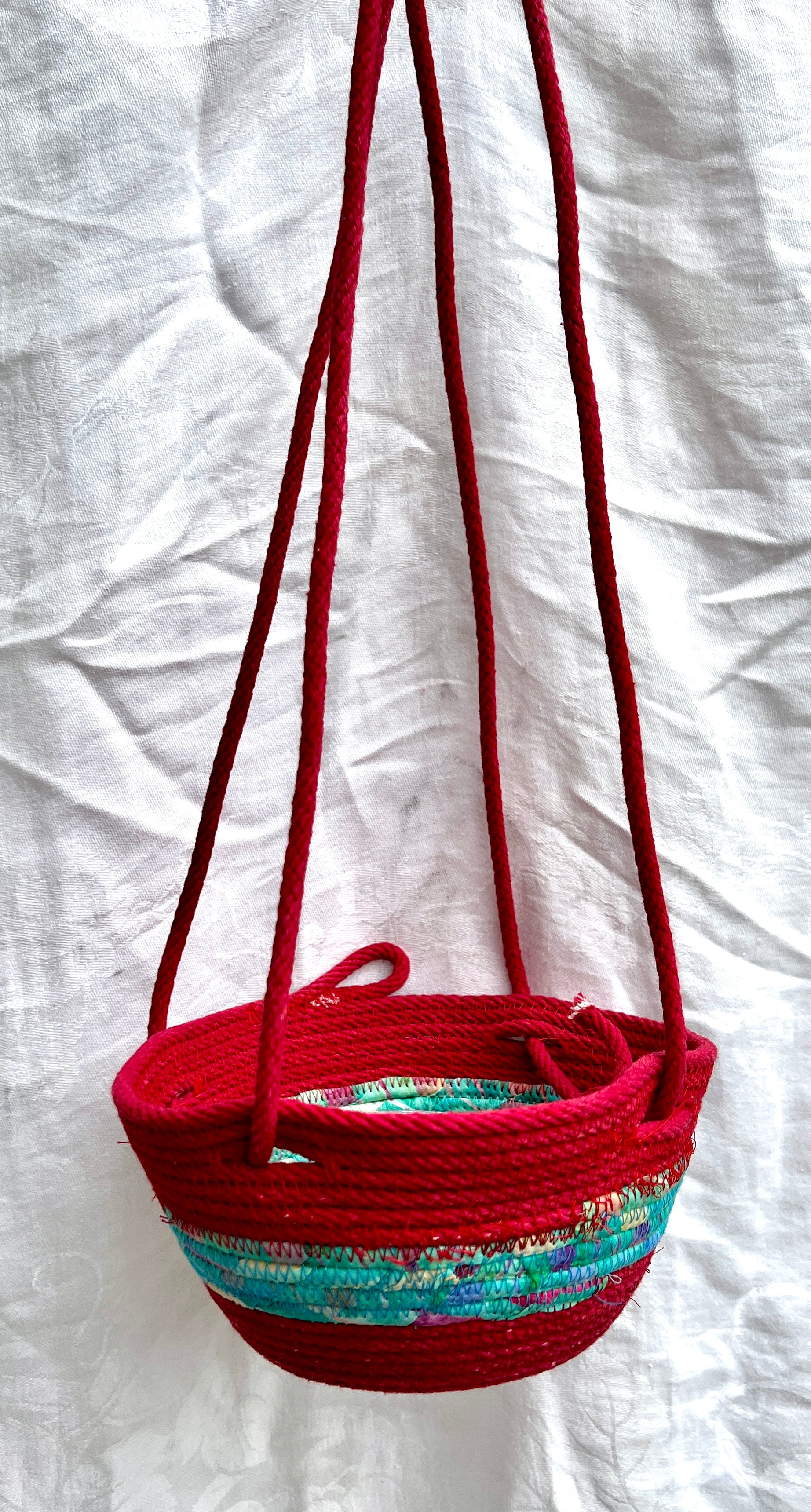 Hanging Planter Coiled Rope Wine with Teal