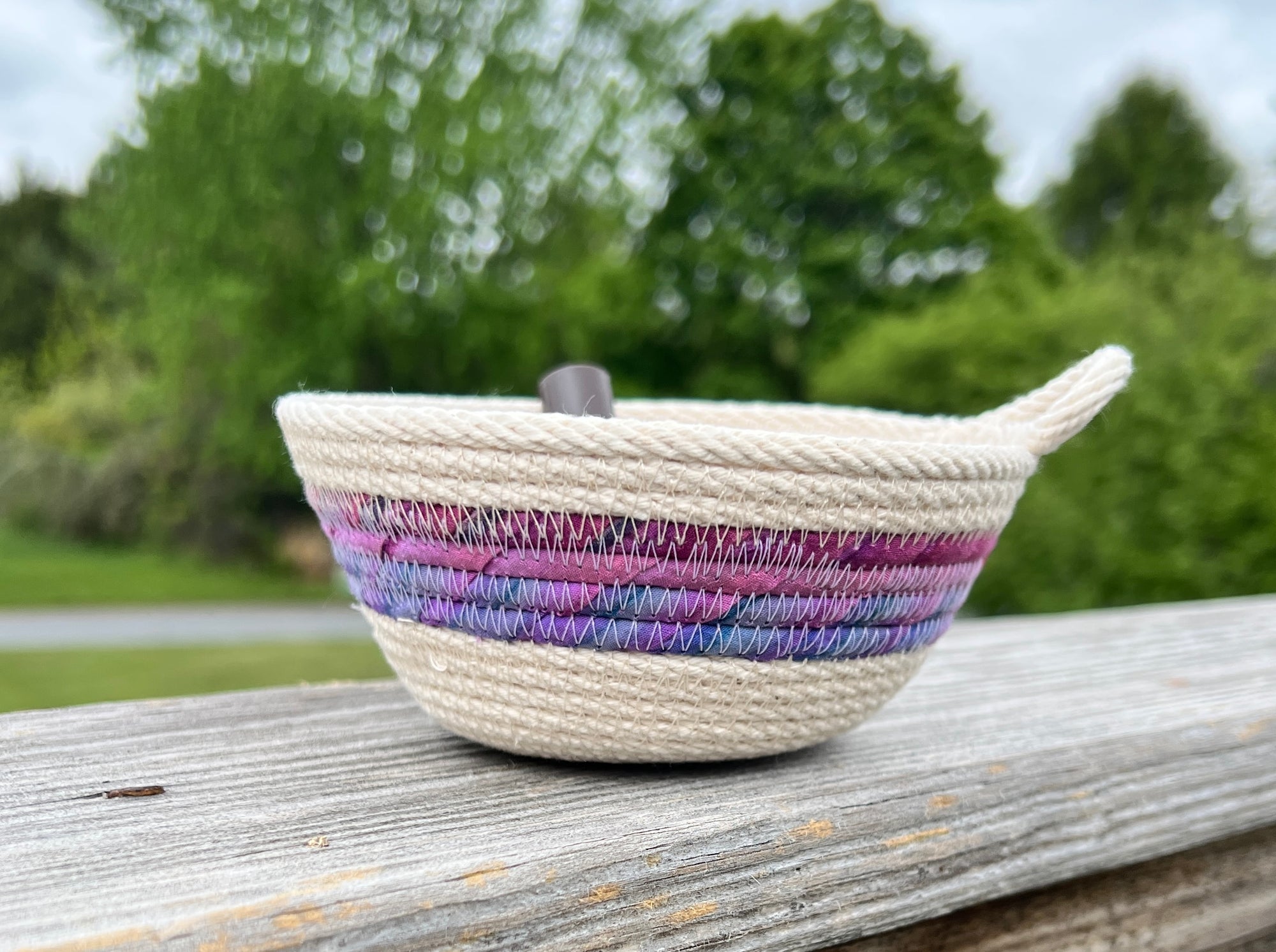 Small Coiled Rope Bowl - Cream with Purple Batik Accent